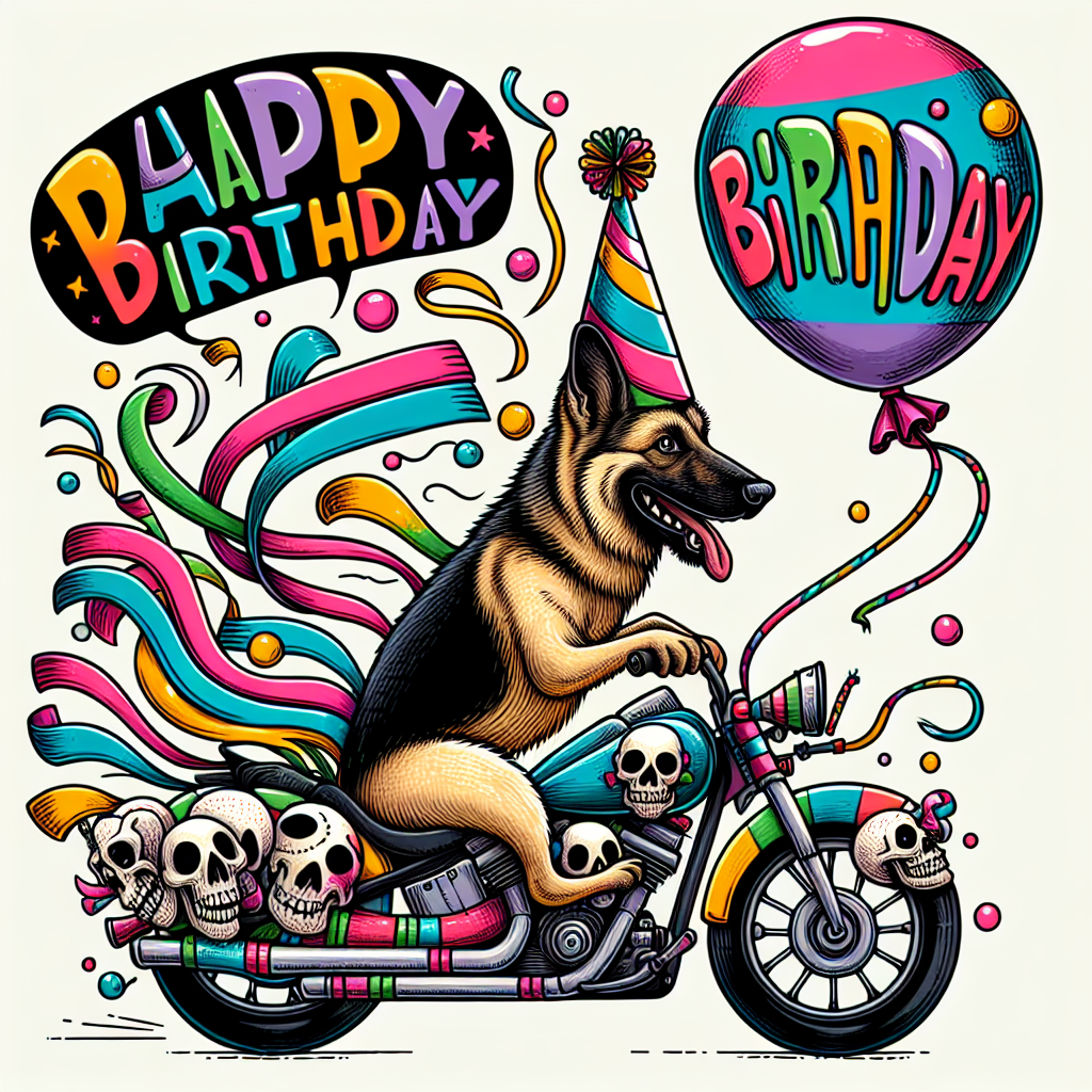 Create a whimsical birthday illustration featuring a German shepherd wearing a vibrant party hat, riding a playful motorcycle adorned with cartoonish skulls. Popping out from the bike's exhaust are eye-catching colorful streamers. The motorcycle's handlebar features a slowly bobbing balloon, bearing the bold, fun words 'Happy Birthday'.
Generated with these themes: German shepherd , Skulls, and Motorcycle .
Made with ❤️ by AI.