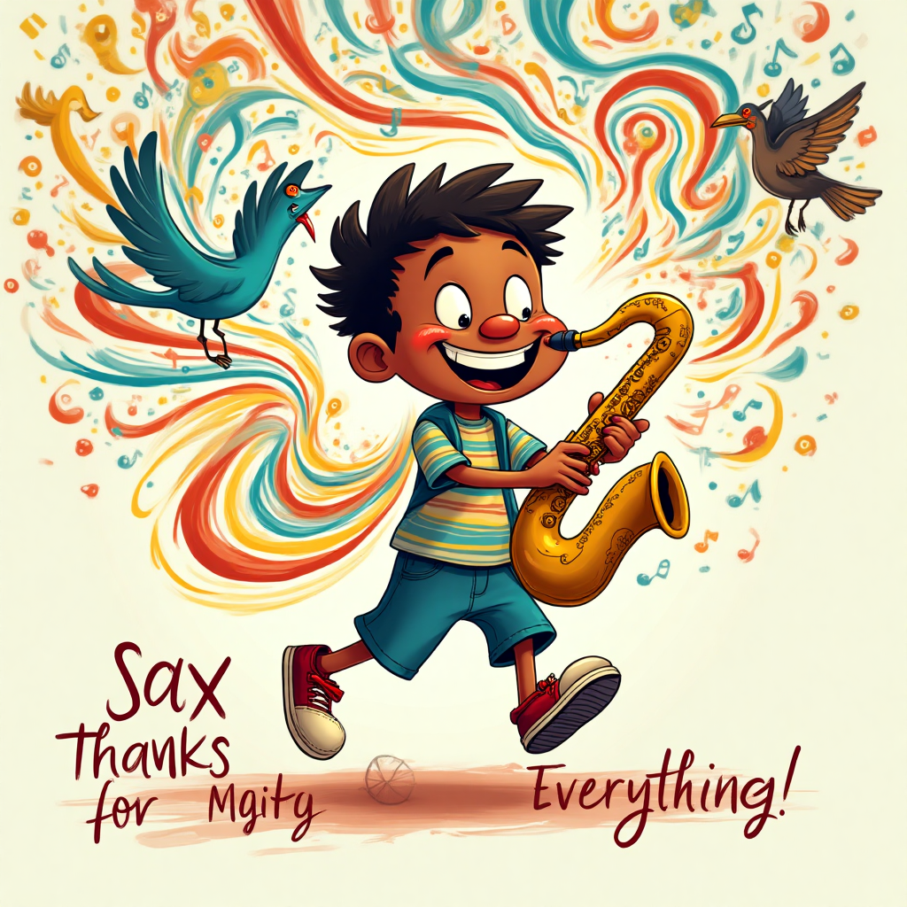 A brown-skinned boy with short hair playing saxophone, and Thank-you Card
