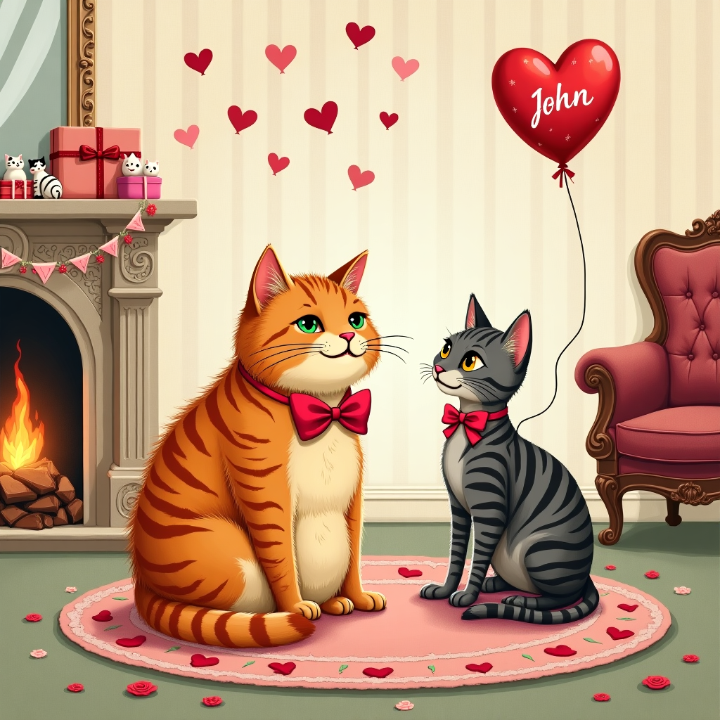 **Front Cover Illustration Description:**

A delightful Valentine's Day scene unfolds with a charming hand-drawn illustration, bringing to life a whimsical and detailed narrative. At the heart of this scene, perched atop a round, decorative rug with a floral motif in pastel pinks and greens, are our feline protagonists.

To the left, a chubby ginger cat sits contentedly, its fur a vibrant tapestry of orange and creamy swirls, reminiscent of a gingerbread biscuit. Its round face is marked with a distinctive white snout and striking emerald green eyes that seem to twinkle with mischief. The ginger cat sports a small red bow tie around its neck, perfectly askew, adding to its endearing appearance.

On the right, the small skinny tabby cat is delicately balanced, its sleek body marked with elegant black stripes running over a coat of soft, smoky gray. Its large, curious amber eyes gaze upward, perhaps enchanted by the spectacle above. Around its neck, a dainty pink ribbon with tiny hearts tied in a neat bow flutters lightly.

The background is a quaint, Victorian-inspired living room with wallpaper adorned in subtle shades of cream and gold. An intricately carved wooden chair, its seat upholstered in rich burgundy, sits just behind the feline duo. A small side table nearby holds an assortment of vintage love letters and a heart-shaped box of chocolates, tied with a velvet ribbon.

Above, suspended in a dream-like sky of lavender and blush, a collection of heart-shaped balloons float gracefully. Among them, one balloon is larger and bright red, and in an elegant, hand-lettered style, the name "John" is written across it in glossy white script.

A fireplace with a gently crackling fire flickers in the background, its mantle adorned with an assortment of porcelain cat figurines and a garland of tiny roses. The warm glow casts soft shadows, enveloping the room in a cozy ambiance.

The color palette is rich and inviting, with shades of warm reds, delicate pinks, and soft greens complemented by the earthy tones of the room's furnishings. The intricate detailing and gentle lines echo the charm of Beatrix Potter, with a touch of Edward Gorey's whimsical intricacies.

This delightful scene captures the quirky and heartwarming essence of Valentine's Day, perfectly suited for a greeting card that celebrates love in all its playful forms.
Generated with these themes: Chubby Ginger cat , and Small Skinny Tabby cat .
Made with ❤️ by AI.