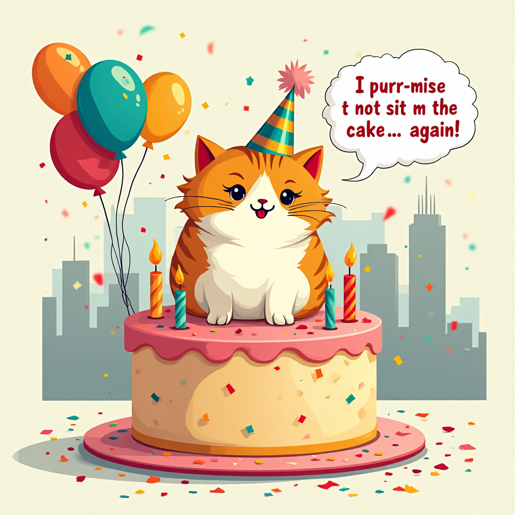 At the bottom of the Vector Style image, include the text: **З днем народження!!**

**Image Prompt:**

A cartoonish Scottish Fold cat with its signature folded ears, sitting atop a giant, colorful birthday cake. The cat has a mischievous grin, and is playfully wearing a tiny party hat perched at a jaunty angle. Around the cat, vibrant balloons of different colors float, and confetti is whimsically scattered in the air. The cake is adorned with playful, exaggerated decorations like oversized candles and a smattering of cherries. 

In the background, a minimalist skyline of abstracted buildings provides a subtle urban touch, hinting at the playful chaos this cat might cause in the city. 

A cheeky speech bubble emerges from the cat, saying: "I purr-mise to not sit on the cake... again!" 

The overall color palette is bright and cheerful, filled with bold primary colors and a sense of celebration, perfectly capturing the joyous essence of a birthday.
Generated with these themes: My cat, he is a Scottish fold, and .
Made with ❤️ by AI.