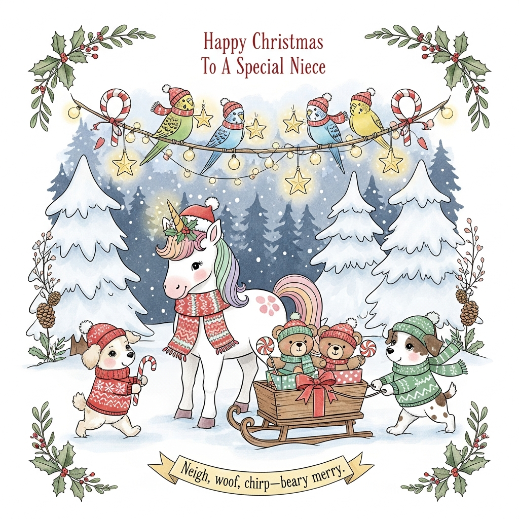 At the top of the Illustration Style image, Happy Christmas To A Special Niece

Hand-drawn, cute, whimsical winter illustration in portrait orientation with fine linework and textured brush strokes, balanced composition, and a warm, expressive color palette of berry reds, pine greens, creamy whites, soft golds, blush pinks, and icy mints. In a softly snowing forest clearing, a gentle white unicorn with a pastel rainbow mane and tail stands center, wearing a tiny Santa hat and holly crown; its horn glows warmly and a knitted scarf drapes around its neck. Two adorable dogs in festive sweaters play at its hooves: one small fluffy pup in a red fair-isle jumper holding a candy cane, and a spotty pup in a green scarf pulling a wooden sled. In the sled, two plush teddy bears peek from a gift box tied with a big ribbon, each in tiny knitted hats, one waving a peppermint. Overhead, a candy-cane striped garland and twinkling fairy lights stretch between snowy pines; three cheerful budgies (green, sky blue, and yellow) perch along it, wearing miniature scarves and hats, chirping at softly glowing star ornaments. Subtle wreath-like framing of holly, mistletoe, pine cones, and baubles around the scene for a cozy, balanced feel. Soft dusk lighting with gentle bloom, delicate cross-hatching, visible paper grain, and watercolor-gouache textures; rounded, cute facial features and rosy cheeks on all characters; no harsh shadows, no photorealism.

Add a small curved ribbon tag near the bottom with a single playful line: Neigh, woof, chirp—beary merry!
Generated with these themes: Unicorn, dogs, budgies, Teddy bears,, and .
Made with ❤️ by AI.
