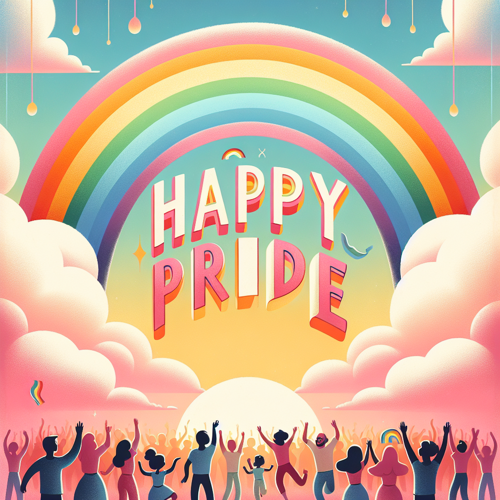 A heartwarming illustration prominently featuring the phrase 'Happy Pride' in bold letters at the top, under a soft arching rainbow spread across the clear sky. Beneath these vibrant colors, fluffy white clouds drift by, creating a dream-like backdrop. In the midst of this, a group of people from different descents and genders are joyfully dancing, raising their hands in the air, exuding a sense of triumph and unity. This festive scene perfectly epitomizes the spirit of celebration and inclusiveness, making it an ideal image for congratulating someone on their accomplishment.
Generated with these themes: Happy Pride, Rainbow , Party, Clouds, and Dancing .
Made with ❤️ by AI.
