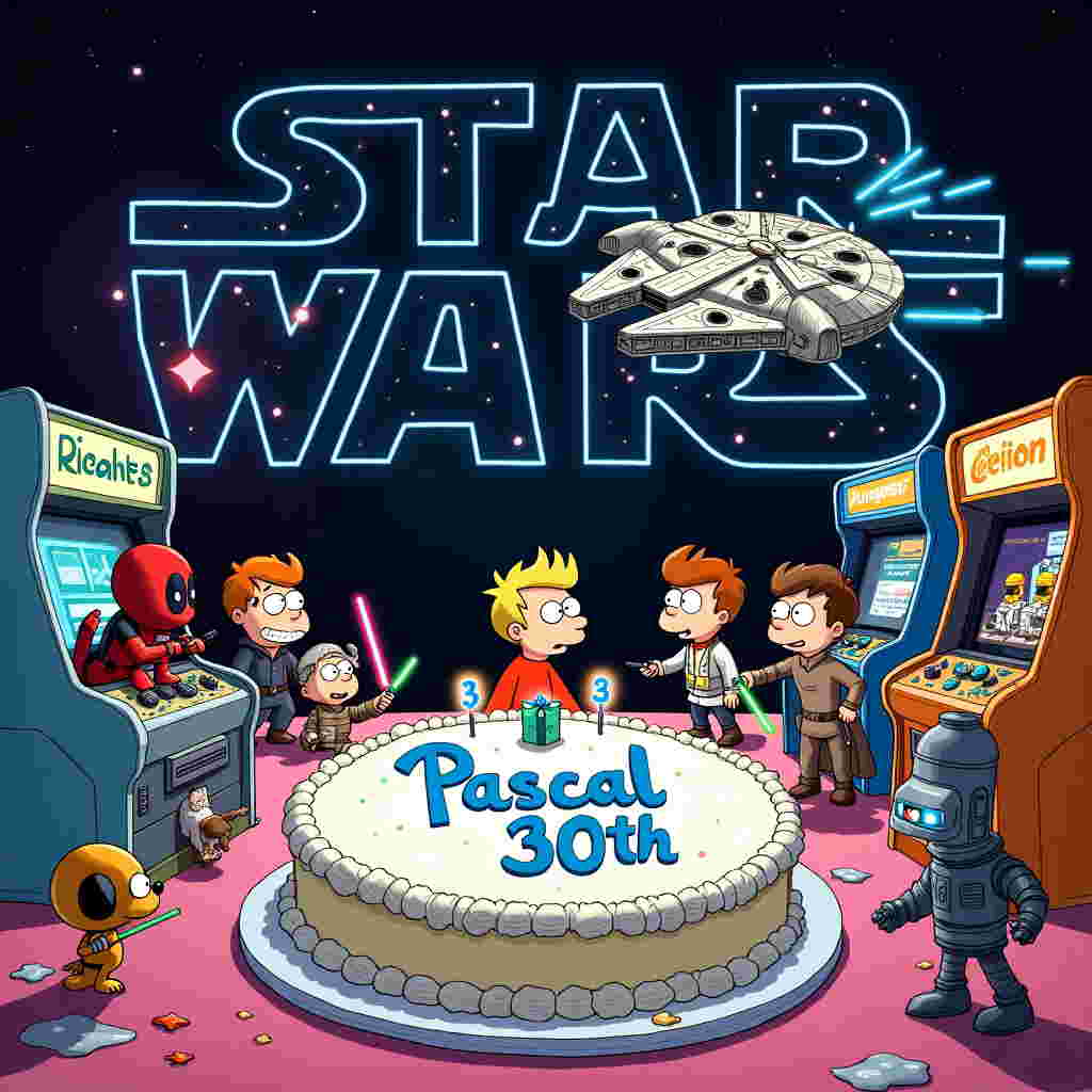 In a galaxy not so far away, an epic birthday bash is underway! The scene bursts with intergalactic joy and quirky humor, where all your favorite characters unite for Pascal's 30th birthday. The foreground is dominated by a large, glistening birthday cake shaped like the Millennium Falcon, with "Pascal 30th" written in vibrant blue icing across the top. Hovering above the cake, Deadpool and Bender from Futurama are in a heated debate about the best video game of all time, their speech bubbles filled with gaming references and pixelated icons.
To the left, a small pack of dogs dressed as Jedi Knights wag their tails enthusiastically, each holding a mini lightsaber in their mouths. Nearby, a portal opens up, courtesy of Rick and Morty, revealing Rick's spaceship with Morty nervously peeking out, holding a present wrapped in green paper with alien motifs.
In the background, Fry is piloting a cartoonish version of the Planet Express ship, trailing a vibrant banner from the back that reads "Happy 30th Birthday Pascal!" in glowing neon letters. Above the ship, the sky is an interstellar masterpiece, with swirling constellations forming the iconic Star Wars logo, subtly integrating stars into Pascal's name in a cosmic dance.
A row of arcade machines lines the right side of the scene, each machine featuring a mashup of characters from these universes—Astro Boy battling Stormtroopers, Snoopy flying a TIE fighter, and Calvin and Hobbes in an epic laser tag duel against Daleks from Doctor Who.
This whimsical universe is dotted with Easter eggs and nods to the styles of Schulz, Disney, and Eisner, with a hint of Larson's irreverent humor, all culminating in a lively and layered tribute to Pascal's milestone birthday, weaving these beloved themes into a singular, captivating image.
Generated with these themes: Star Wars, videogames, Rick & Morty, Futurama, dogs, Deadpool.
Made with ❤️ by AI.