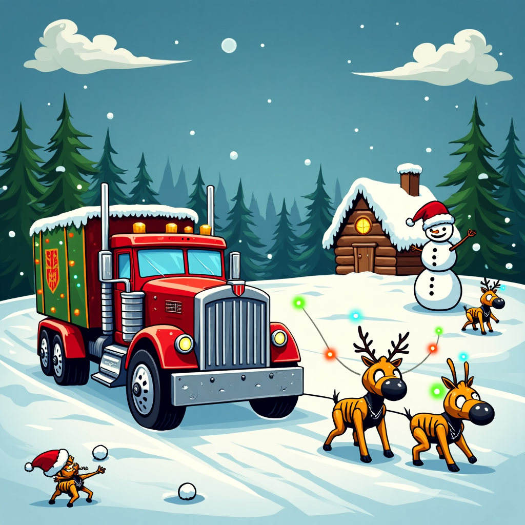  In this whimsical Christmas-themed card, imagine a bustling, snowy holiday scene where the iconic Transformers are celebrating Christmas with their usual mechanical flair. In the foreground, Optimus Prime is playfully transformed into a festive red-and-green sleigh, complete with gleaming silver runners and a trail of twinkling Christmas lights wrapped around his metallic frame. He's being pulled by a convoy of miniature, toy-like Bumblebee cars, each sporting antlers and red noses, reminiscent of reindeer, as they zip through the snow with a sense of joy and mischief.    In the background, nestled among tall pine trees dusted with snow, you can see a cozy log cabin. The cabin's roof is adorned with glistening icicles, and its windows glow warmly from the inside. Standing beside the cabin, a cheerful Megatron, adorned with a Santa hat, is skillfully assembling a colossal snowman made of car parts, complete with tire eyes and an exhaust pipe nose.     Above this merry mechanical scene, the sky is a crisp, deep blue, with fluffy white clouds artistically arranged to spell out "Merry Christmas, from Tiko!" in a playful, Peanuts-inspired font, adding a personal touch to the greeting. Near the bottom of the card, in a style reminiscent of Calvin and Hobbes, there's a small snowball fight happening between a group of tiny, cartoonish Transformers, their expressions full of exaggerated surprise and laughter as snowballs soar through the air. Christmas Card