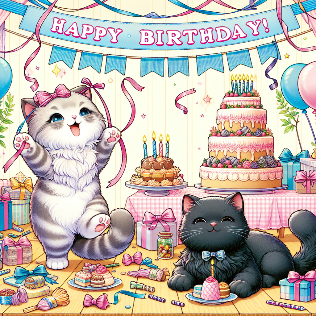 Create an illustration of a delightful birthday scenery having a Ragdoll cat and a black cat at its focal point. The Ragdoll cat is cheerfully engaging with dangling ribbons whereas the black cat is relaxedly reclining next to a mound of presents. Overhead streamers are seen cascading and a banner announcing 'Happy Birthday!' stretches across the top part of the image. In the background, a celebratory table is decorated with delicious sweets and a birthday cake lit up by candles.
Generated with these themes: Rag doll cat, black cat.
Made with ❤️ by AI.