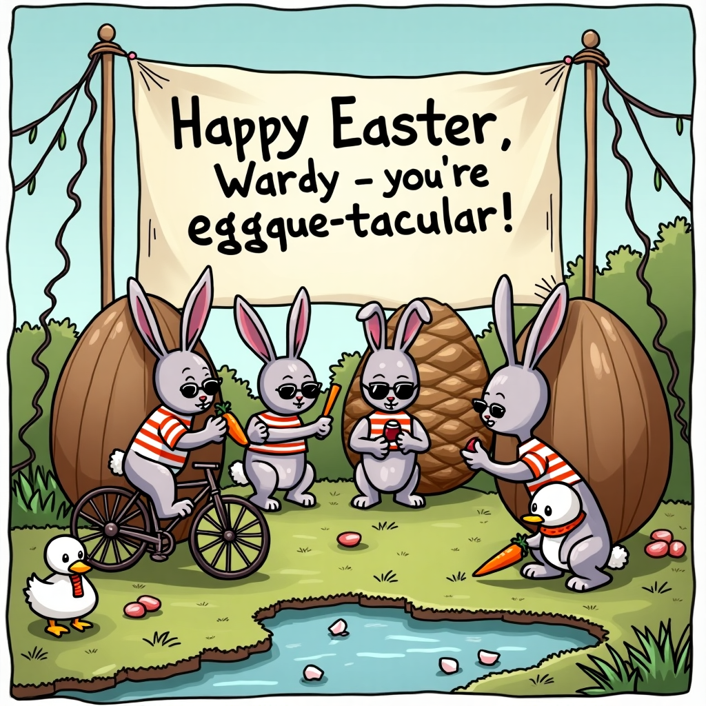 At the top of the cartoon image, "Hoppy Easter, Wardy – you're egg-stra Paque-tacular!"

**Prompt for the image:**
A funny cartoon Easter scene set in a whimsical French countryside, where a group of suave, beret-wearing bunnies (complete with tiny sunglasses and stripy shirts) are painting enormous chocolate eggs like impressionist masterpieces. One rabbit is dramatically sniffing a carrot like it's a fine wine. Another is riding a bicycle made of baguettes. In the background, a huge banner reads “Paque Picasso Egg-stravaganza.” Everything is over-the-top artistic and full of hilarious French clichés — even a little duck in a scarf is trying to paint a Monet-style pond.
Generated with these themes: Paque, and .
Made with ❤️ by AI.