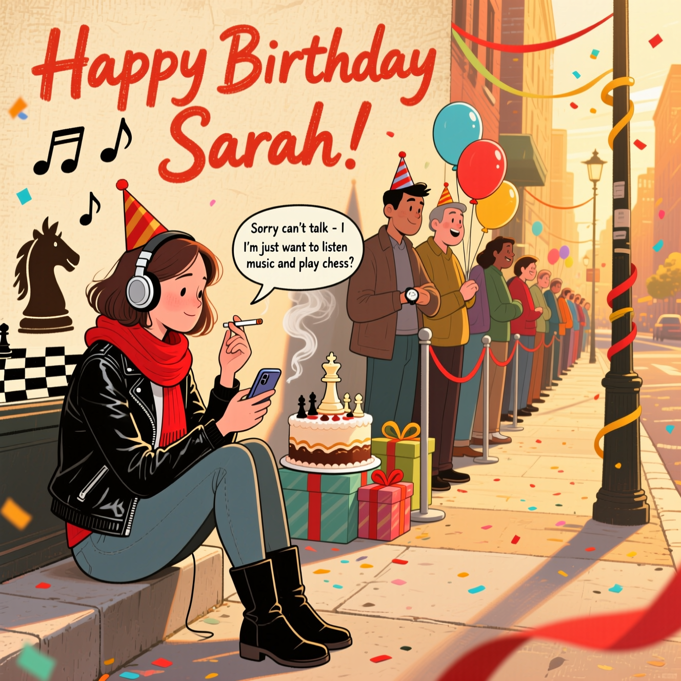 At the top of the Illustration Style image, "Happy Birthday Sarah" in playful hand-lettered brush script with warm, textured strokes

Hand-drawn illustration with fine linework and textured brush strokes on grainy paper, warm expressive color palette. Scene: a cozy city sidewalk at golden hour. Sarah (adult) sits outside on a low step, wearing a black leather jacket, bright red scarf, and black boots. Headphones on, cigarette in hand, she’s totally absorbed in her phone screen showing a simple chessboard. Smoke curls whimsically into musical notes and a faint chess knight shape.

Beside and behind her, a comically long queue of diverse adults winds down the street—party hats, wrapped gifts, a chess-themed cake, balloons (one shaped like a rook). Their faces are amused and exasperated; one checks a watch, another leans on a queue post. Streamers and confetti drift through warm evening light.

A single-line speech bubble from Sarah reads: "Sorry can't talk - I'm just want to listen to music and play chess"

Composition: Sarah foreground left-of-center; the queue snakes into the background right for depth. Golden light, soft shadows, pops of red echo the scarf in ribbons and balloons. Balanced, humorous mood; expressive faces; painterly, non-photorealistic finish; no brand logos.
Generated with these themes: Smoking, Listening to music, Playing chess, and .
Made with ❤️ by AI.