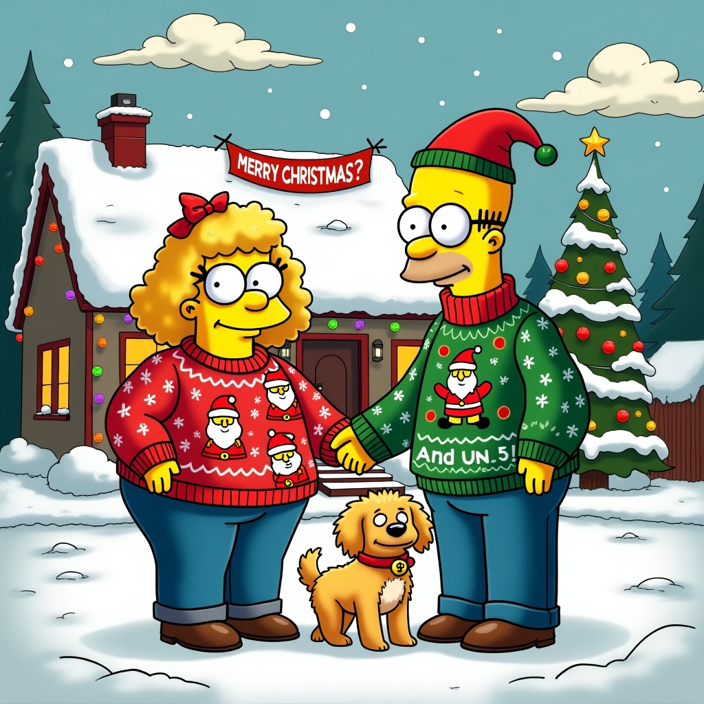 Curvy lady with blonde bob and glasses stood with a 50 year old man who has no hair alongside a small lhasa apso dog, in the art style of the simpsons Christmas Card
