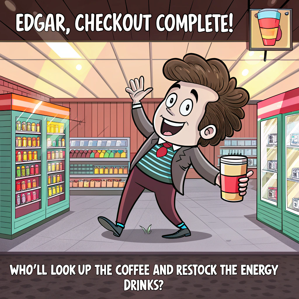 At the top of the Cartoon Style image, "Edgar, checkout complete!"

At the bottom of the image, "Who’ll VLOOKUP the coffee and restock the energy drinks?"

- Center scene: A playful, bright convenience store interior bursting with color. Edgar (big head, cheeky grin, tiny legs) strides confidently toward the automatic doors, waving with one hand while juggling a steaming coffee and a neon energy drink with the other. Exaggerated proportions, thick black outlines, and bouncy, energetic poses.
- Systems + data everywhere: A barcode scanner fires a rainbow beam that morphs into a rising line chart; curling receipt tape twists into an arrow. Floating spreadsheet pages with goofy faces spin around like confetti, tiny charts and cells visible. Binary digits and little gear icons trail behind Edgar like sparkles.
- Store details: Aisles labeled “Coffee” and “Energy Drinks” pop in bold colors, shelves stacked high with animated cups and cans waving goodbye. The floor tiles subtly mimic a spreadsheet grid. The POS terminal at the counter leans over, screen showing a friendly waving pixel-hand.
- Whimsical extras: An anthropomorphic spreadsheet tab wipes a tear, while a mini inventory robot (shopping basket with wheels and a tiny antenna) salutes. Motion lines and starbursts add zing.
- Color and style: Saturated teals, magentas, zesty yellows, and electric blues; thick outlines; playful shadows and highlights; expressive SFX like a small “beep!” by the scanner. Energetic, funny, and heartfelt farewell vibe.
Generated with these themes: Systems, convenience store, data, spreadsheets, energy drink, coffee, and .
Made with ❤️ by AI.