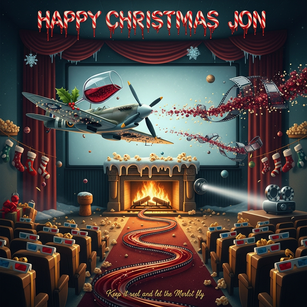 At the top of the Surreal Style image, "Happy Christmas Jon" in melting candy-cane marquee letters.

A Dali-inspired dreamscape where a grand cinema is fused with a roaring fireplace: the screen is an enormous hearth whose flames curl into looping film reels, the mantel droops like soft taffy, and the logs are giant wine corks. Popcorn snowdrifts replace snow, and a river of red wine spirals impossibly up the central aisle, glinting burgundy and gold in the firelight. A cheeky Spitfire, part holly, part chrome, with wings like crystal wine glasses brimming with shimmering red wine, banks in front of the hearth; its propeller scatters popcorn snow and its contrail becomes a sparkling ribbon of film frames and tinsel. Rows of surreal cinema seats shaped like wrapped gifts wear tiny 3D glasses; stockings hang like velvet curtains, baubles float as tiny planets, and a projector beam turns into a tinsel runway. Ethereal lighting, long soft shadows, melting forms, elongated perspectives, dreamy haze, festive palette of warm embers, deep burgundy, moonlit teal, and frosty silver; whimsical and funny, highly detailed, cinematic wide shot.

Place a small caption near the bottom in handwritten gold ink: "Keep it reel and let the Merlot fly."
Generated with these themes: Cinema , spitfire, red wine, fireplace, and .
Made with ❤️ by AI.