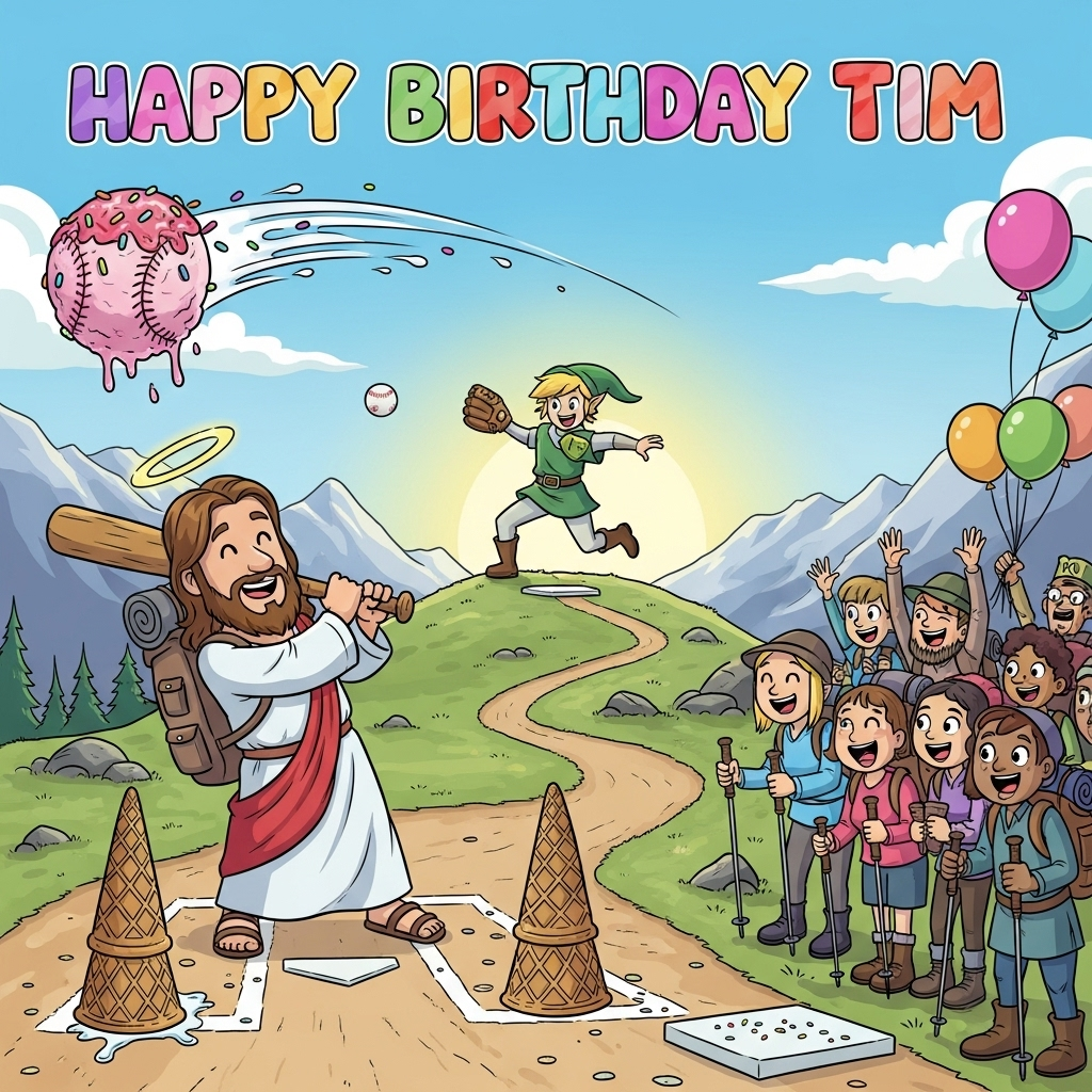 At the top of the Cartoon Style image, Happy Birthday Tim
Playful, bright, and funny cartoon scene with exaggerated proportions, thick outlines, and saturated colors. A sunny alpine trail doubles as a whimsical baseball field. Center stage, a friendly, smiling Jesus with a soft halo and a small hiking backpack is mid-swing with an oversized wooden bat. On the mound, an elf-like hero in a green tunic and pointy cap (a nod to Zelda) winds up to pitch a baseball that’s actually a giant scoop of strawberry ice cream, sprinkles shooting off like a comet tail and little drips arcing through the air. The bases are upside-down waffle cones; the basepaths are dusted with rainbow sprinkles. Cheering hikers with trekking poles line the sidelines, some high-fiving; rupee- and heart-shaped balloons float behind them; a pennant with a golden triangular crest flutters from a trail sign. Exaggerated, bouncy poses; expressive, goofy faces; dynamic motion lines and confetti bursts. Big, bubbly, candy-colored lettering for the top text with thick black outlines.
At the bottom center, add a small ribbon banner with one short caption: "A grand slam of sprinkles and side quests!"

Only include these two lines of text. Render with clean, thick outlines, high contrast, and bright saturated colors.
Generated with these themes: Baseball, Ice cream, Jesus, Hiking, Zelda, and .
Made with ❤️ by AI.