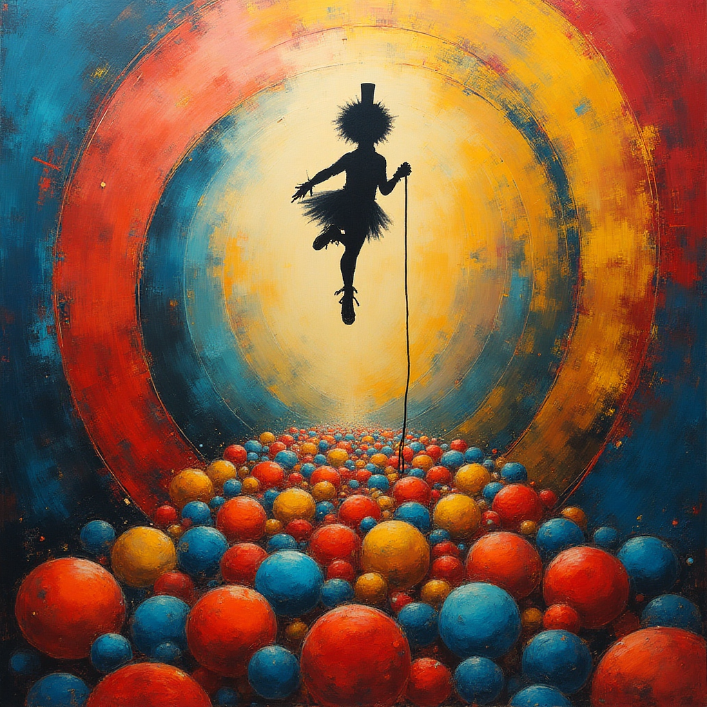 At the bottom of the Abstract Style image, incorporate the text: **Überraschungspaket**

---

**Image Prompt:**

A captivating abstract scene unfolds within a whimsical circus tent. Imagine a ball pit spilling over with vibrant, oversized spheres of color—reds, blues, and yellows—tumbling into the scene with playful abandon. Curved geometric shapes and dynamic brush-stroke textures swirl around in a romantic dance, echoing the unexpected joy and melancholy of life. A subtle hint of cultural motifs interweaves within the pattern, hinting at a deeper narrative. The juxtaposition of chaos and order, humor and solemnity, creates a theatrical backdrop. Floating above, a shadowy silhouette of a comical mime tips their hat, adding a touch of light-hearted surprise amidst the layers of abstract beauty.
Generated with these themes: Ball pit, surprise, culture, comedy, circus tent, and .
Made with ❤️ by AI.