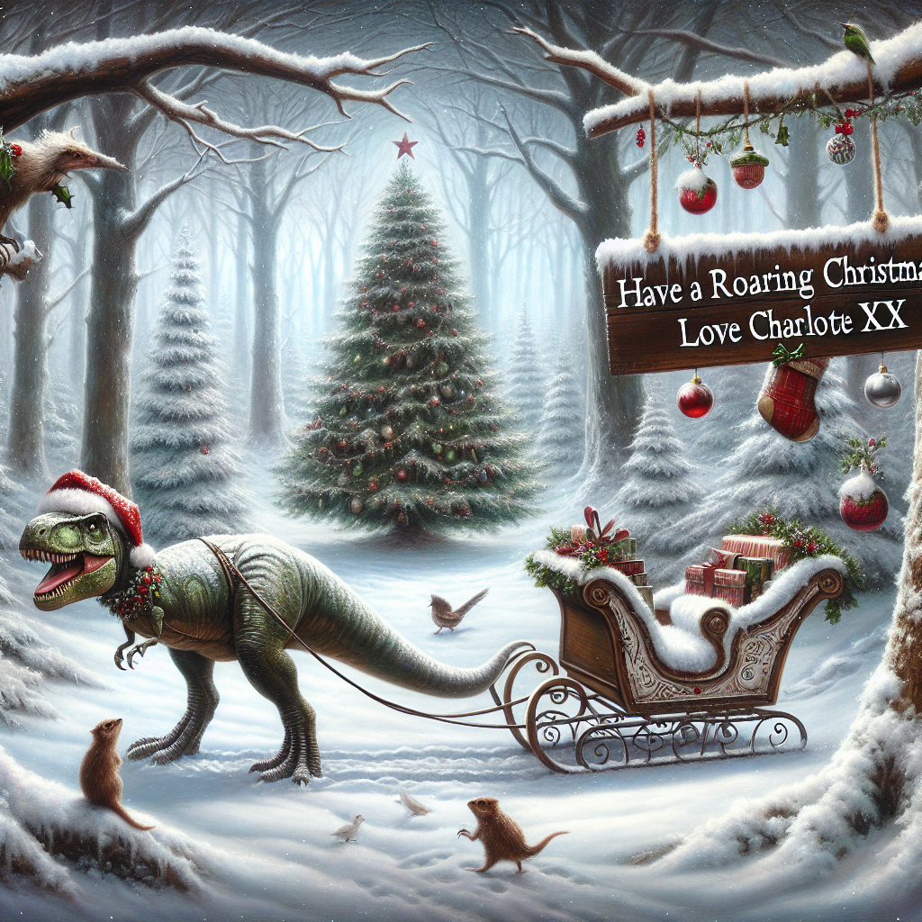 The scene is set in a snowy, enchanted forest where a delightful T-rex with a jolly Christmas hat is seen guiding a rustic, ornamented sleigh. Fluffy snow covers the ground, and joyful woodland animals look on. Hanging from a branch overhead, a decorative sign swings with the message "Have a roaring Christmas. Love Charlotte xx" penned in a festive and bold typeface.
Generated with these themes: T-rex with a Christmas hat on, riding a sleigh.
Made with ❤️ by AI.