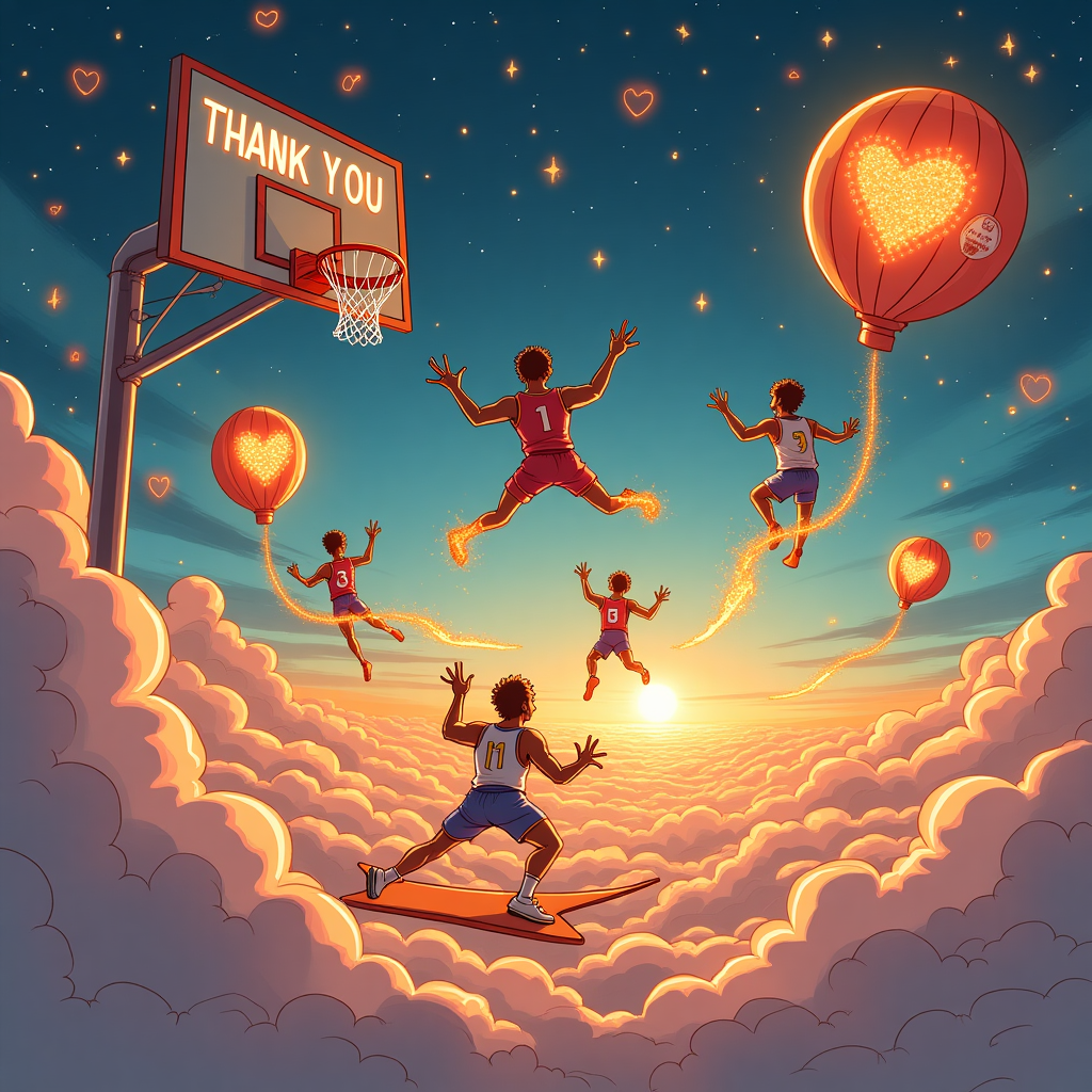 **Prompt:**  
At the top of the illustration image, *"Coach Matt, You're the Slam Dunk of Thanks!"*  

Create a surreal illustration featuring a floating basketball court suspended high above the clouds, where U14 Blazers players with blazing comet tails instead of feet soar through hoops that are actually golden rings of gratitude. The basketballs are morphing into heart-shaped balloons mid-air, and instead of a scoreboard, a giant glowing "THANK YOU" floats among fluffy, smiling cloud-spectators. Coach Matt is depicted riding a flying clipboard like a surfboard, tossing glittering game strategies into the sky, which turn into shooting stars spelling out praise. Add a surreal color palette of electric oranges, dreamy purples, and warm reds. Make everything feel floaty, dreamy, and slightly absurd—an ode to cosmic-level appreciation.
Generated with these themes: Basketball , U14’s Blazers, and Thank you .
Made with ❤️ by AI.