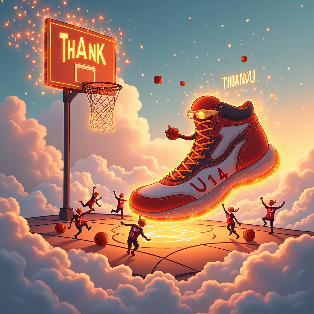**Image Prompt:**

At the top of the illustration image, *“Thanks for Blazing a Trail, Coach Matt!”*

A surreal basketball court floats in the clouds, with a glowing hoop suspended in midair, its net woven from threads of shooting stars. The court is shaped like a giant flaming basketball shoe, its laces stretching out like ribbons through a dreamy pink and orange sky. A team of anthropomorphic fireball-headed players in tiny Blazers jerseys marked "U14" leap gracefully across floating bubbles of water, each dribbling basketballs that look like tiny galaxies. In the distance, a golden whistle on angel wings flutters toward Coach Matt—portrayed as a heroic mountain-sized figure with sunglasses made from mirrored backboards and a cape of foam fingers—giving a thumbs-up while balancing a clipboard made of marshmallow. Around the court, flaming basketballs bloom like flowers, spelling “THANK YOU” in glowing cursive smoke trails.
Generated with these themes: Basketball , U14’s Blazers, and Thank you .
Made with ❤️ by AI.
