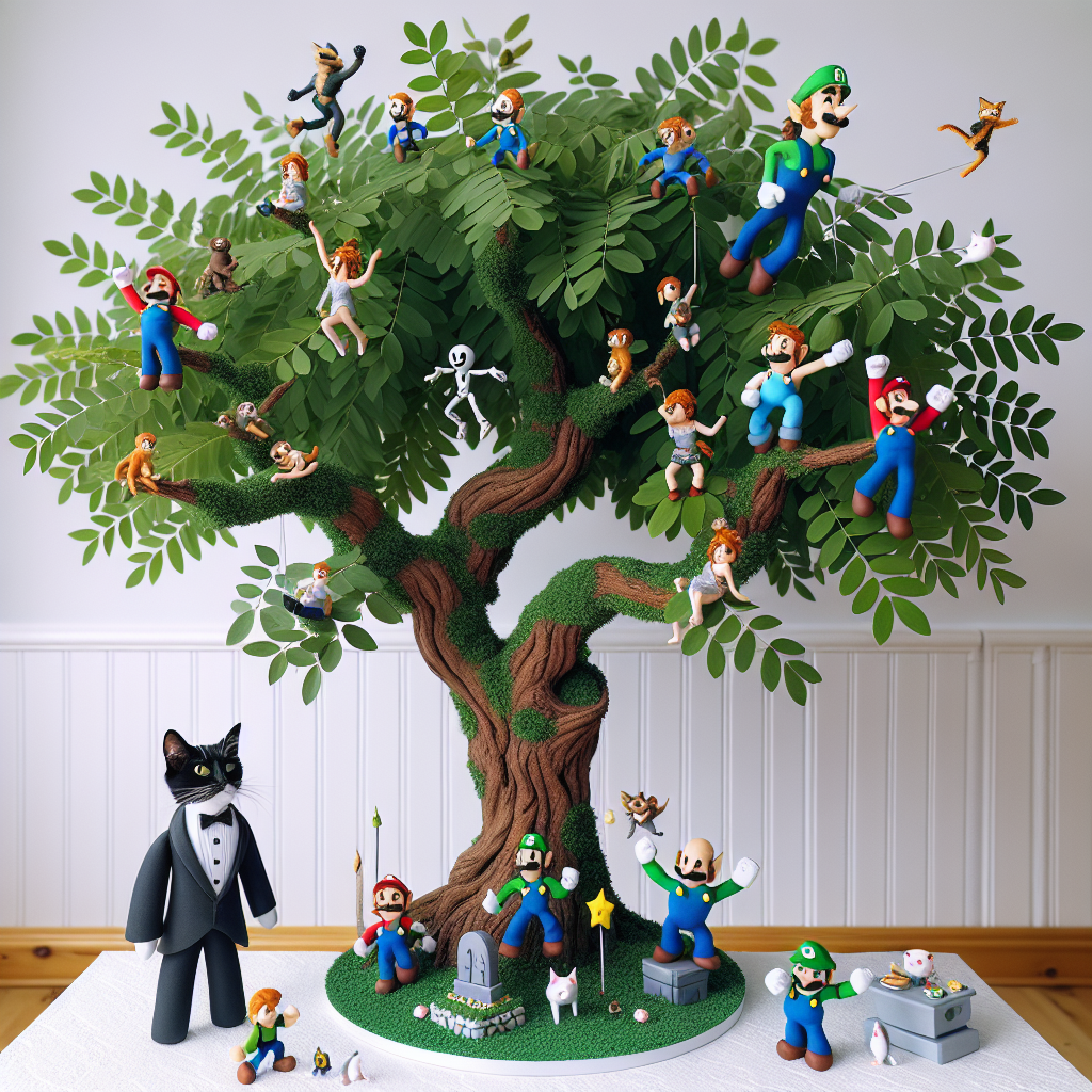 A whimsical Rowan tree stands at the center of a surreal 16th birthday bash, its branches adorned with playful figurines resembling characters from classic video games as if they're leaping from one leaf to another. The figurines have cartoonish features, one of them is dressed in the attire of a famous plumber and the other one appears to be a pointy-eared elf warrior. Beneath the tree, a well-dressed tuxedo cat wearing a tiny bow tie serves as the charming host, playfully inviting guests to dive into the festivities.
Generated with these themes: Rowan Tree, 16th Birthday, Mario and Link, and Tuxedo cat.
Made with ❤️ by AI.