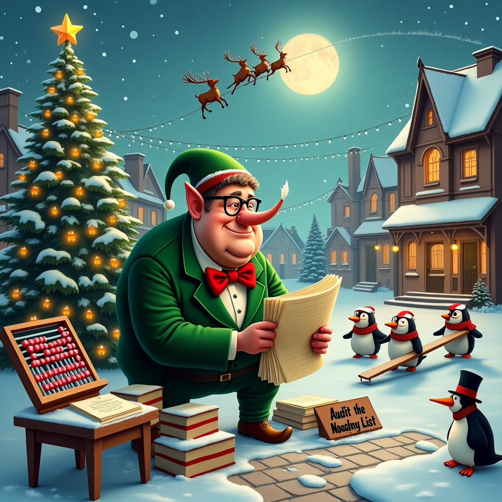 In a bustling, snow-covered village square, our Christmas scene unfolds. The backdrop is an old-world town hall, with strings of twinkling lights crisscrossing its façade. To the left, a giant, ornately decorated Christmas tree stands proudly, its branches heavy with shimmering baubles, candy canes, and a star precariously perched on top. In the foreground, a rather flustered, portly accountant elf, clad in a green velvet suit, complete with a red bow tie and spectacles perched on his nose, is surrounded by stacks of parchment papers, quill in hand. His ledger book is hilariously oversized, and its pages flail in the gentle winter breeze. Next to him, an abacus made of candy canes and gumdrops sits on a small wooden table covered in snow.

Behind the elf, a group of playful reindeer, sporting festive scarves, prance around, tossing snowballs at each other, causing bits of snow to fly everywhere, some landing amusingly on the elf's nose and ledger. Off to the right, a couple of mischievous penguins, wearing tiny accountant visors, are attempting to balance on an old wooden seesaw. A sign in front of them reads "North Pole Accounting Division - Crunching Numbers with Christmas Cheer!"

In the sky above, a glowing full moon lights the scene, casting long shadows across the cobblestone square. Tiny silhouettes of Santa's sleigh, led by his reindeer, can be seen darting across the sky, as if racing against time. In one corner, a curious snowman, donning a top hat and a carrot nose, watches the commotion with an amused expression, holding a small chalkboard that reads, "Audit the Naughty List."

This whimsical and bustling scene captures the chaos and humor of a Christmas where even accountants can’t escape the holiday spirit.
Generated with these themes: christmas accountand.
Made with ❤️ by AI.