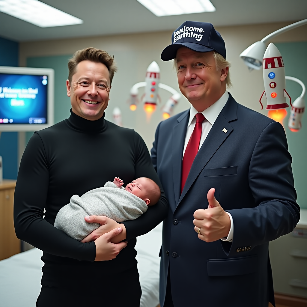**Image Prompt:**  
At the top of the realistic photograph image, “Congrats Elon Musk—Looks Like You've Finally Launched a Mini Model-Human!”

A highly detailed, realistic photograph featuring Elon Musk in a sleek black turtleneck, proudly holding a newborn baby wrapped in a silver, space blanket-style swaddle. Beside him stands Donald Trump in an oversized "Make Babies Great Again" cap, looking utterly bewildered as he holds a rattling toy shaped like a rocket. Behind them, a hospital room with sci-fi-inspired décor: blinking control panels, floating baby mobiles shaped like satellites, and a digital screen reading “Welcome, Earthling!” in bold neon letters. Elon is beaming like he just invented diapers 2.0, while Trump appears to be giving a thumbs up to the baby, clearly thinking he’s been elected Godfather of Mars. The whole scene oozes bizarre joy and tongue-in-cheek futurism.
Generated with these themes: Elon musk holding a baby with Donald trump.
Made with ❤️ by AI.