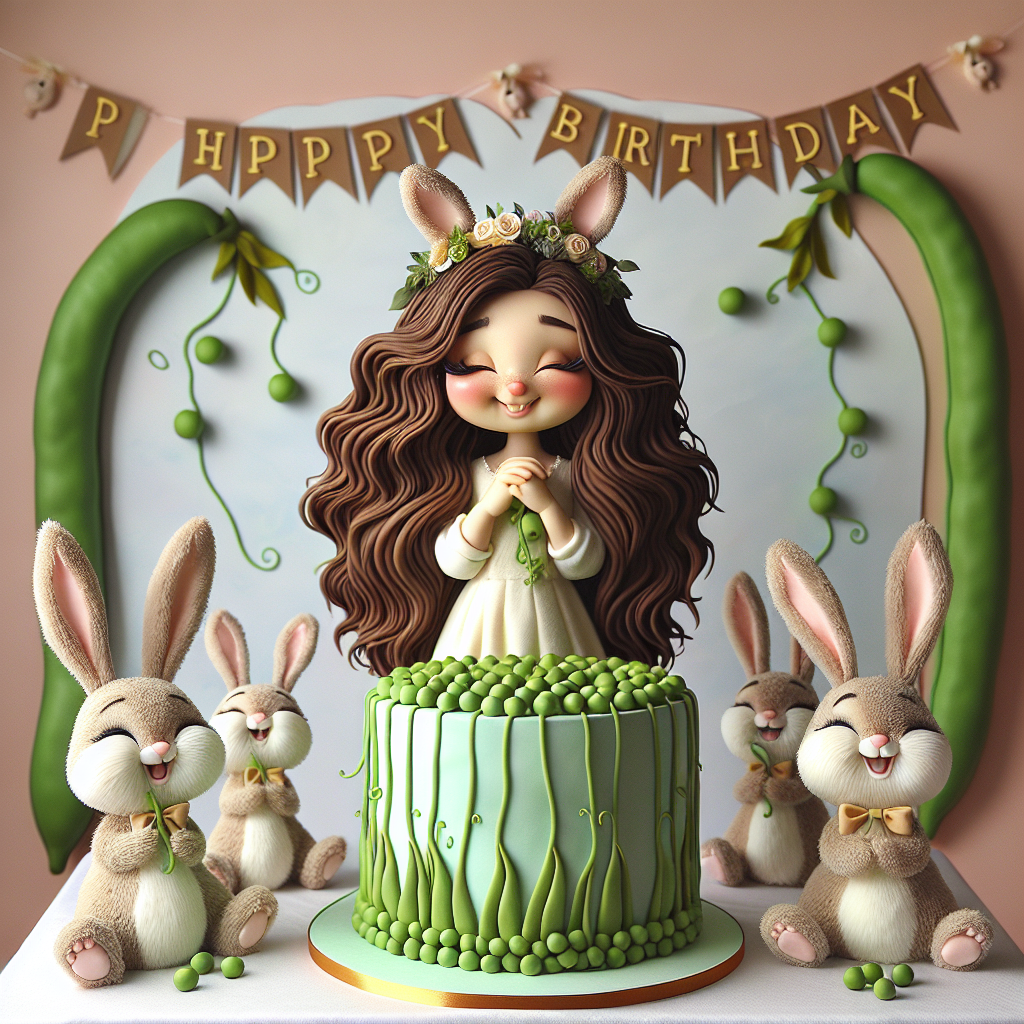 Create an image capturing a heartwarming birthday setup of an Hispanic girl with long, cascading brown hair. She is surrounded by rabbit plush toys, with a few clutching tiny peas, commemorating her unique fondness for the vegetable. The main attraction is a remarkably realistic rabbit-shaped cake, encircled by pea vines crafted from fondant. Above, bunny-themed birthday banners ripple, adding a comical element that mirrors the joyful laughter of the birthday girl.
Generated with these themes: Brown long hair ,child,rabbit lover pea lover funny .
Made with ❤️ by AI.