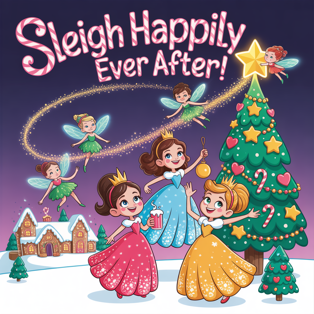 Disney cartoons, Disney princesses, Disney Magic Kingdom, Christmas tree, Christmas village, Fairies, and Christmas Card