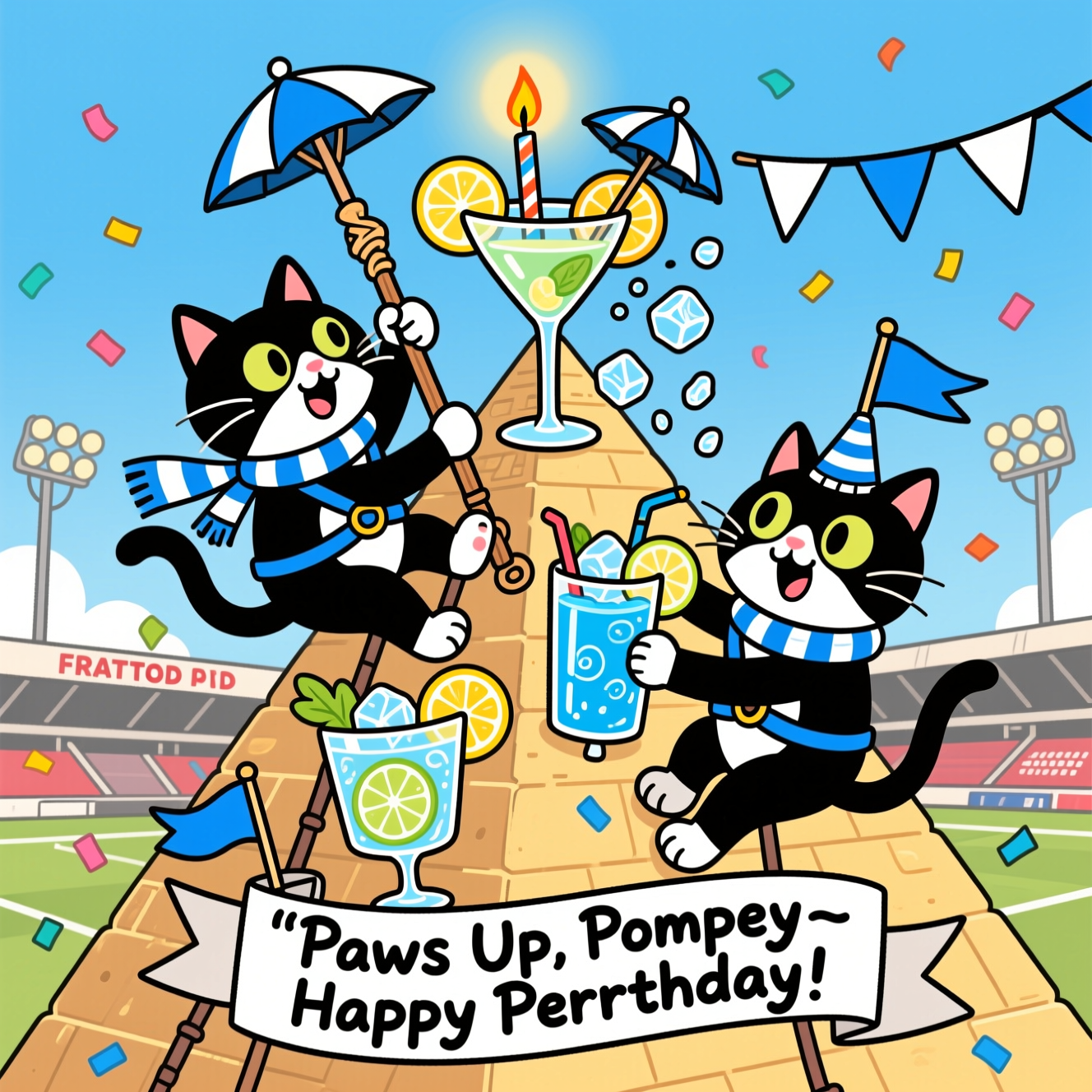 Playful cartoon with exaggerated proportions, thick black outlines, and bright saturated colors: Two mischievous black-and-white cats in climbing harnesses scaling a towering pyramid of cocktails (martinis, mojitos, blue slushies), using citrus slices and cocktail umbrellas as climbing holds. One cat dangles from a swizzle stick shaped like a football goalpost, the other plants a tiny blue pennant at the summit. Everything decked in Pompey blue and white: scarves draped over glass stems, mini blue-and-white flags, confetti, and a subtle, simplified Fratton Park–style stand with floodlights in the background. A birthday candle flickers atop the top glass, casting a warm glow; spilled ice cubes tumble comically. Dynamic, energetic poses, big expressive eyes, cel-shaded color, glossy highlights. Include a small single-line caption on a ribbon near the bottom in bold hand-drawn lettering: “Paws Up, Pompey—Happy Purrthday!”
Generated with these themes: Black & white cats, cocktails, climbing, Portsmouth football club, and .
Made with ❤️ by AI.