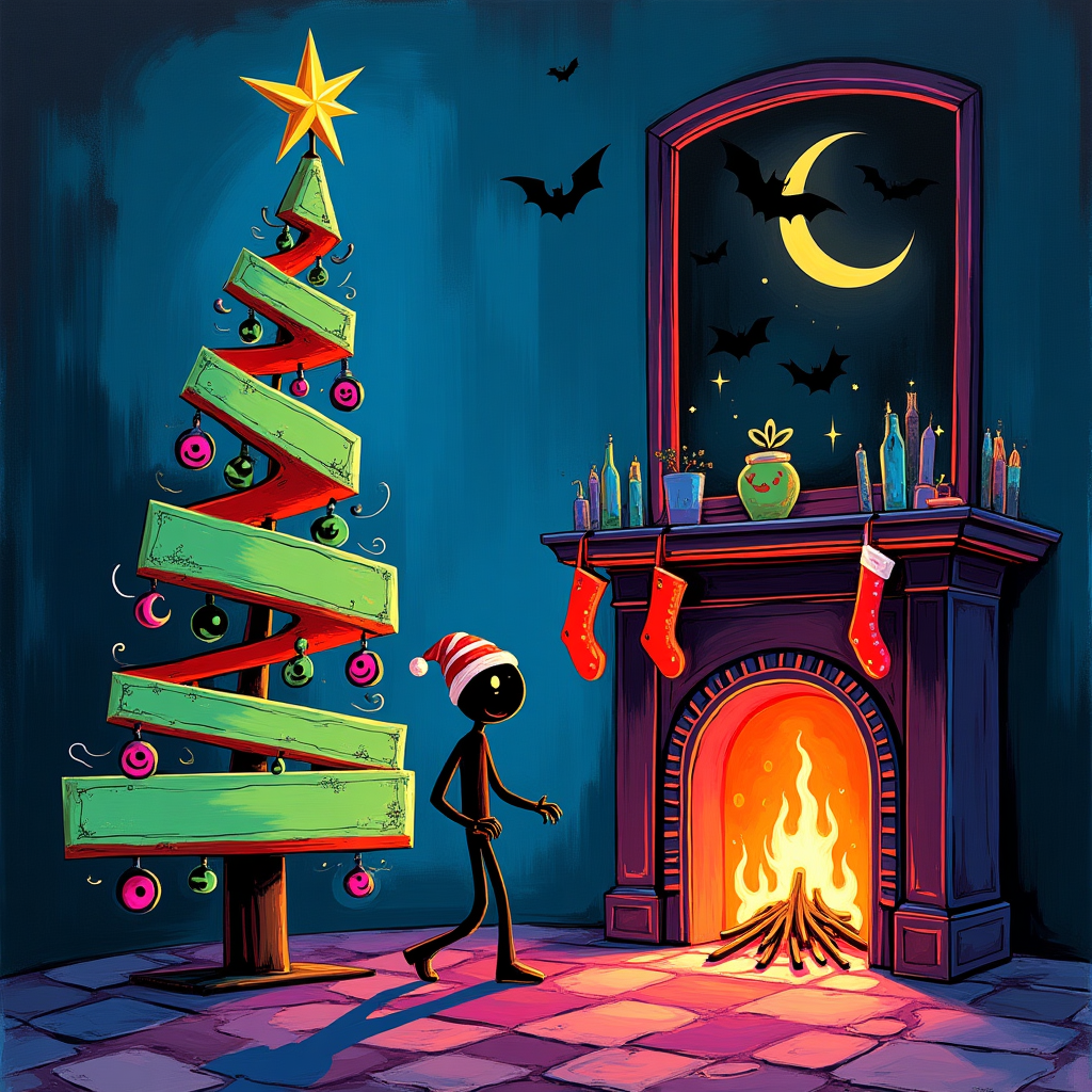 Night mare  before Xmas  xmas tree .w fireplacef gureplaceree, and Christmas Card