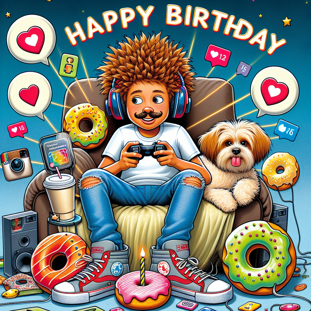A lively birthday card filled with humor that showcases an animated teenage boy engrossed in a video game. He sits comfortably in a plush gamer chair wearing popular brand sneakers, stylish clothing, and a humorously oversized moustache. Unbranded donuts, styled similarly to popular ones, float around him like power-ups while social media icons pulse with likes and hearts. His beloved amber and cream-colored small dog, with a curly coat, relaxedly lounges on the bed, adding to the delightful mayhem.
Generated with these themes: Krispy Kreme Donuts, Gaming, Gamer headset and chair, Nike trainers, Social media, Teenage boy, moustache, Designer clothes, and Cockapoo, Amber and cream fluffy lies on bed.
Made with ❤️ by AI.
