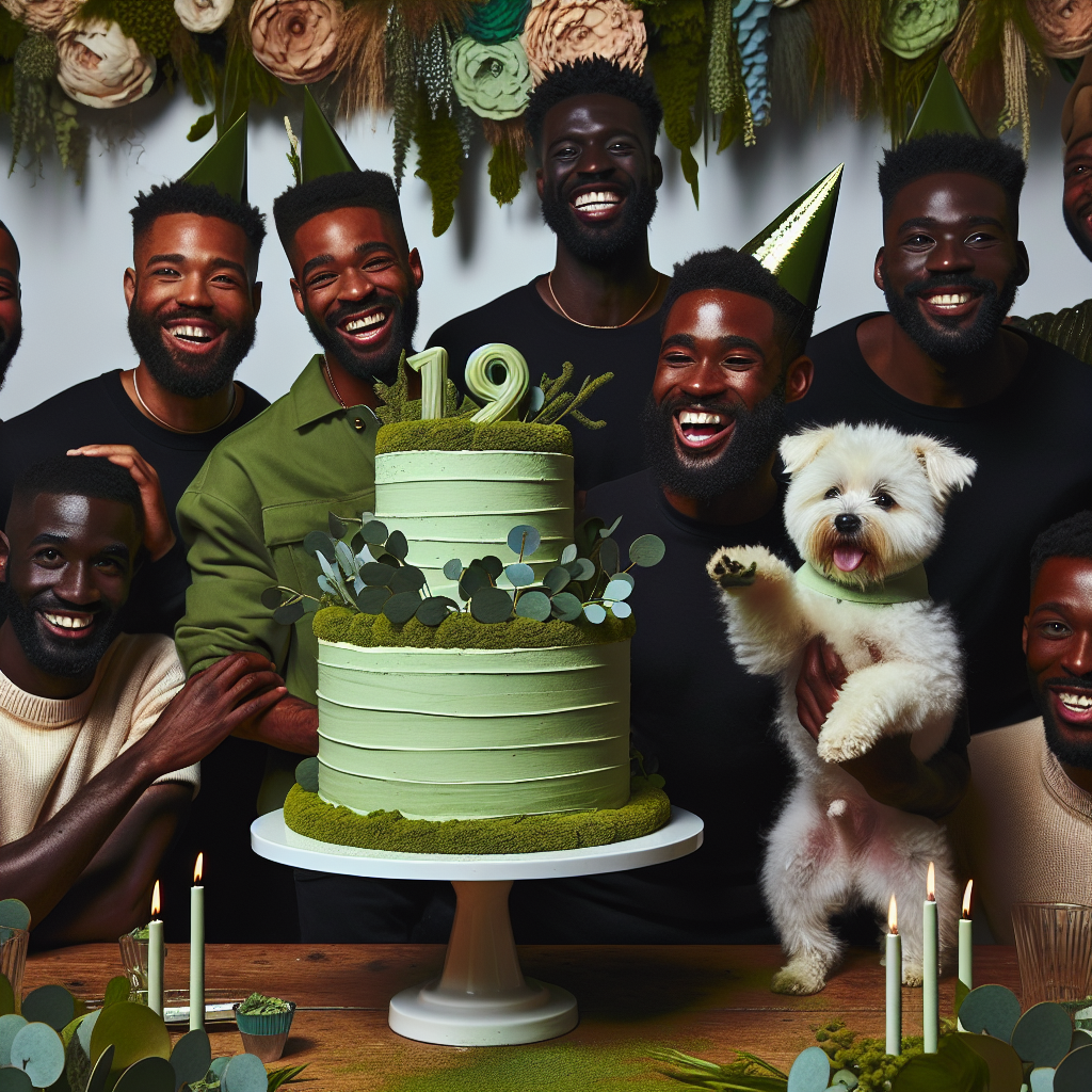 A delightful image encapsulating the spirit of a birthday celebration. It features a group of happy black men assembled around a table decorated with verdant botanicals. The table showcases a large, extravagant matcha-flavored birthday cake, enveloped by charming decorations reflecting the same matcha color theme. Among the celebrants, one man cradles a small white dog with a rough coat, which is dressed in a party hat. The dog seems to be extending its paw towards the cake excitedly, bestowing the scene with a hint of playfulness and endearing warmth.
Generated with these themes: Black men, Matcha, Plants, and Crusty white dogs.
Made with ❤️ by AI.