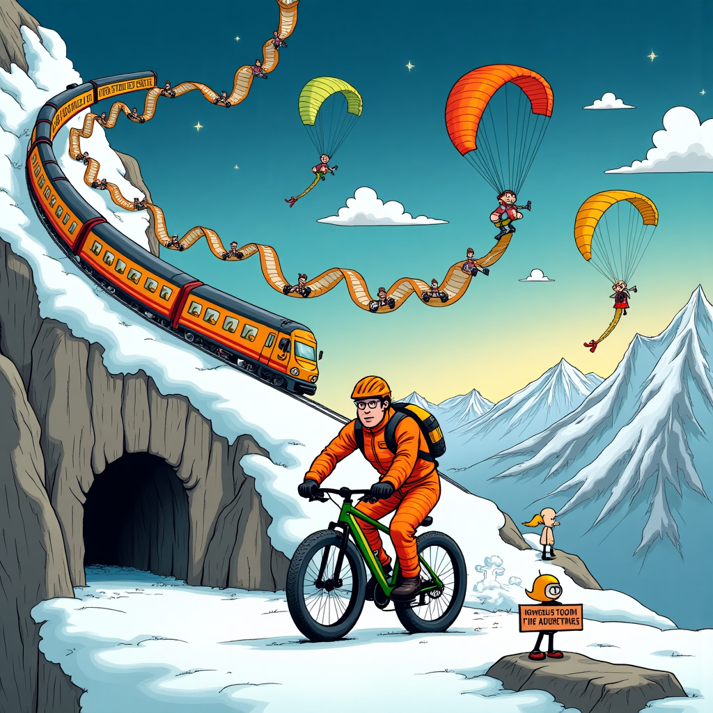 The scene unfolds on a vibrant, animated mountaintop on New Year's Eve, teeming with quirky details inspired by Marcel's unique interests and life journey. In the foreground, Marcel, depicted as a cartoon character with a playful resemblance to Calvin from "Calvin and Hobbes," is wearing a bright orange prison suit, cleverly repurposed as a high-visibility mountain biking outfit. He's riding a mountain bike with exaggeratedly large wheels, careening down the snowy Alps in Innsbruck. The bike's frame features a quirky sticker that reads "Quantum Leap" with tiny atomic illustrations, hinting at his passion for quantum physics.

To Marcel's left, a Deutsche Bahn train, whimsically designed with cartoonish flair similar to that seen in "Peanuts," snakes through a tunnel carved into the mountain. The train cars are comically filled with characters resembling friendly, anthropomorphic atoms, all waving excitedly as they travel from Aachen, Germany to Delft, Netherlands, and onward to Innsbruck, paying homage to Marcel's academic journey.

High above, vibrant kitesurfing kites dot the sky, their tails spelling out "Happy New Year, Marcel!" in bold, colorful letters reminiscent of the joyful banners in "Tintin." Each kite features a small, playful icon of martial arts gear, nodding to Marcel's love for the sport.

In the background, the sky transitions from a lively day to a starry night, peppered with fluffy clouds shaped like thought bubbles from "The Far Side," each one filled with whimsical scenarios depicting Marcel in various real-life role-playing situations – perhaps as a train conductor or a martial artist battling atoms.

To add a final touch of humor, a small cartoon bird, drawn in a style reminiscent of "Astro Boy," perches on a nearby rock, wearing a tiny lab coat and glasses, holding a sign that reads "Next Stop: New Adventures!" This lively tableau captures Marcel's adventurous spirit and unique passions, creating a delightfully personalized New Year's greeting card.
Generated with these themes: Post Doc in Phd Quantum Physics, Loves to travel by Trains & Deutsche Bahn, Comes from Aachen Germany, Did his Phd in Delft Netherlands, Now moved to Innsbruck Austria for his Post Doc, Likes Prison Suit Real Life Role Playing, Loves doing Mountain bike downhill, Martial Arts Sports, and Kitesurfing.
Made with ❤️ by AI.
