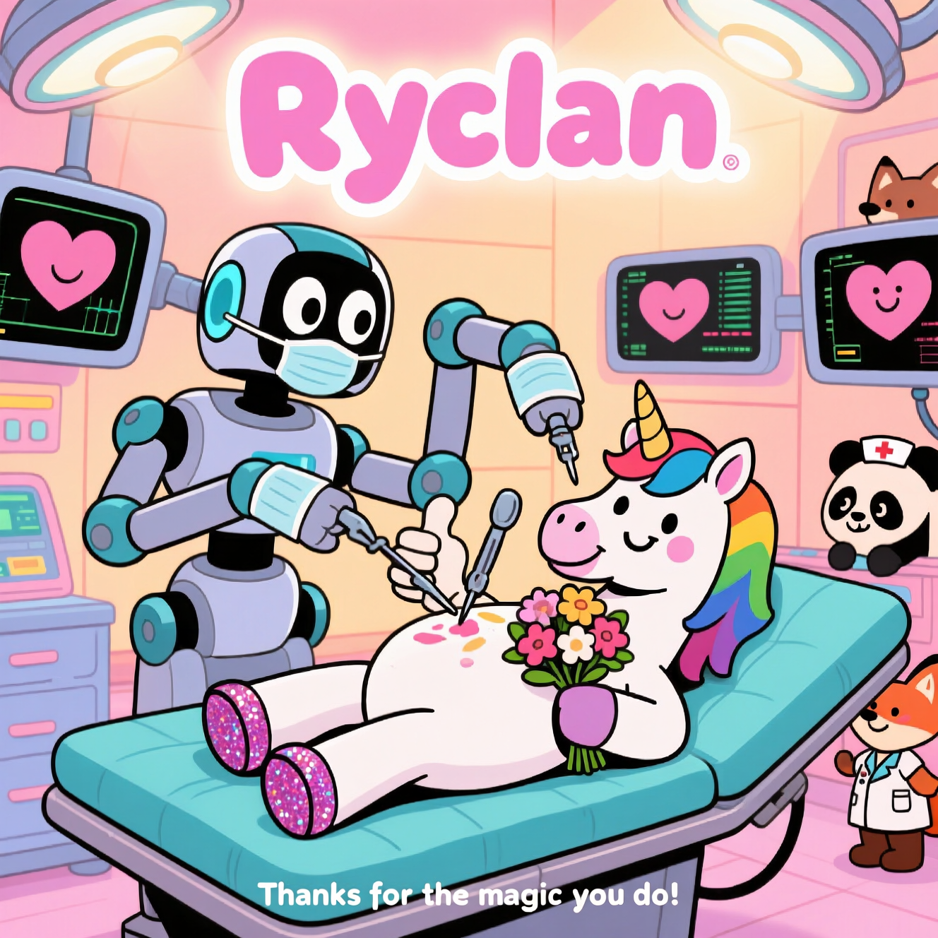 At the top of the Cartoon Style image, write “Ryclan” in big, cheerful, bubble letters, with a soft glowing outline.  

A playful, bright cartoon scene of a high-tech operating room where a comically friendly da Vinci surgical robot — with multiple flexible robot arms ending in delicate tools — is gently operating on a smiling unicorn lying comfortably on a padded surgical table. The unicorn has a rainbow mane, glittery hooves, and is giving a little thumbs-up with one hoof. The robot arms have expressive eyes on their joints and wear tiny surgical masks, while one arm holds a bouquet of flowers to the unicorn. Around them, the background is filled with warm pastel walls, heart-shaped monitors showing happy readings, and a few cute medical staff animals (like a panda nurse and a fox assistant) watching with caring expressions. Lighting is bright and uplifting, with saturated colors and thick black outlines for a whimsical, sincere tone.  

Small text at the bottom: “Thanks for the magic you do!”  
Generated with these themes: Robot arms and a surgeon da Vinci machine, Operating on a unicorn, and .
Made with ❤️ by AI.