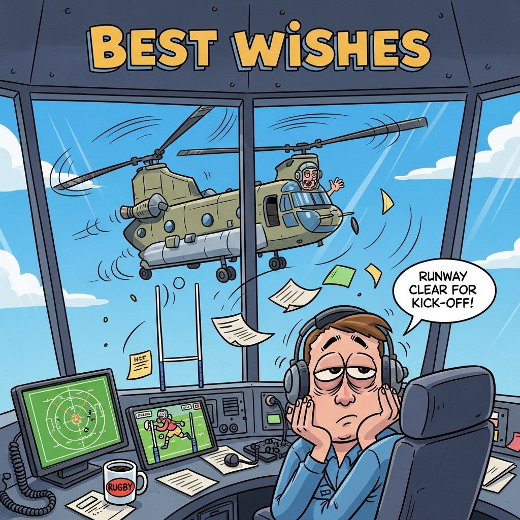 Sitting bored in an Air traffic control tower, Distracted by rugby, Chinook helicopter, and Farewell Card