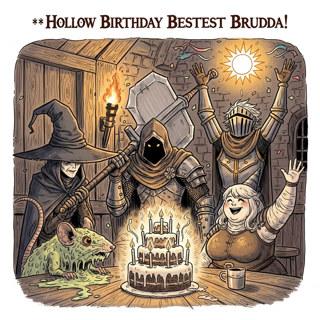 At the top of the Illustration Style image, write in bold, medieval-style script: **Hollow Birthday Bestest Brudda!**  

A humorous, hand-drawn illustration in the style of a whimsical fantasy parody: several Dark Souls-inspired characters gathered around a lavish but slightly ominous birthday cake glowing with eerie light. The dark mage with an oversized, floppy witch hat leans in suspiciously close, the hooded knight rests a massive zweihander across his shoulder, a goo-covered rat creature peers over the table with curious eyes, the plump, round Caterina knight beams with joy, and Solaire the sun knight dramatically raises both arms in praise toward the cake as if it were the sun. The group is clustered in a rustic, torchlit medieval tavern, with fine linework and textured brush strokes adding warmth to the otherwise grim setting. Candles on the cake sputter strangely, casting flickering shadows, and faint streamers and confetti mix awkwardly with the dark, gritty atmosphere. Warm, expressive colors contrast with the brooding characters, creating a charmingly absurd scene.
Generated with these themes: , and .
Made with ❤️ by AI.