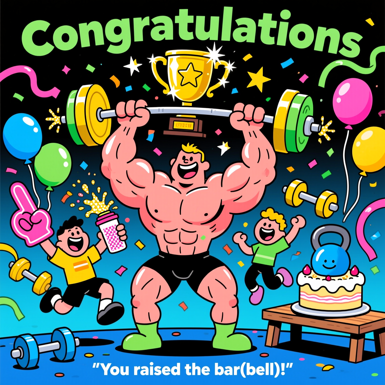 At the top of the Cartoon Style image, "Congratulations "

A playful, funny cartoon bodybuilding celebration: a beaming, ultra-exaggerated bodybuilder with gigantic shiny biceps strikes a triumphant flex while hoisting a gold trophy–shaped barbell; the plates are sparkling stars firing confetti. Cheering sidekicks with goofy grins and oversized foam fingers jump and pose around them, a protein shaker spraying a glittery splash, balloons and streamers shaped like dumbbells arcing across the scene, and a kettlebell-shaped cake on a bench nearby. Thick black outlines, bright saturated colors (electric blue, neon pink, lime green, sunny yellow), chunky cel shading, motion lines, starbursts, and playful halftone dots; slight low-angle perspective for extra epic silliness. Clear space around the top text.

At the bottom of the Cartoon Style image, a small cheeky caption: "You raised the bar(bell)!"
Generated with these themes: Bodybuilding , and .
Made with ❤️ by AI.