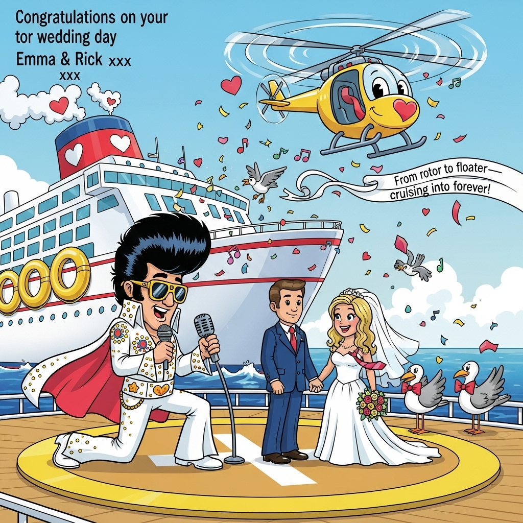 At the top of the Cartoon Style image, "Congratulations on your wedding day Emma & Rick xxx"

Playful cartoon scene on the open sea: a gleaming oversized cruise ship with a bright helipad on deck. Elvis—huge pompadour, white rhinestone jumpsuit, gold sunglasses, and a fluttering cape—officiates with a vintage mic, knees bent in a classic rock ’n’ roll stance. In front of him, the beaming newlyweds hold hands; the bride’s impossibly long veil and the groom’s tie whip comically upward in the rotor wash. Overhead, a cute chunky helicopter (heart-shaped nose, big friendly eyes) hovers, its spinning rotors tossing heart- and music-note confetti. A ribbon banner trailing from the helicopter reads: “From rotor to floater—cruising into forever!” The ship’s smokestack puffs heart-shaped clouds; life rings resemble giant gold wedding bands; bow-tied seagulls cheer and throw confetti. Exaggerated proportions, thick black outlines, bright saturated colors (turquoise sea, sunshine yellow, coral pinks, royal blue), bouncy, energetic poses, glossy highlights and soft comic shading. Big image-first composition, joyful and silly wedding vibe.
Generated with these themes: Elvis, Helicopter , Cruise, and .
Made with ❤️ by AI.