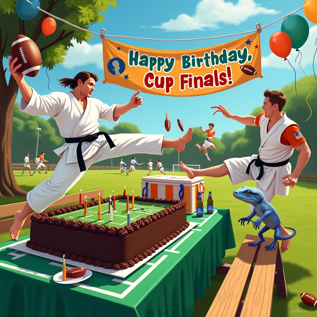 In a vibrant park setting under a clear blue sky, we have a quirky, action-packed birthday scene. At the center, a long picnic table is covered with a green football field tablecloth. On one end of the table, a massive chocolate cake, shaped like a football stadium, is placed, complete with miniature players made of icing and goalposts made of chocolate sticks. The cake is adorned with candles shaped like footballs. Next to the cake, a few bottles of frothy cider are half-submerged in a cooler painted with football patterns, with one bottle artistically balancing on the edge, about to tip over.

To the right of the table, a hilarious tableau unfolds: a muscular man in a karate gi is mid-air, performing a high-flying kick. His target? A giant inflatable football, which is comically deflating under the impact of his kick. Beside him, a blue tongued skink, with a tiny black belt around its waist, is mimicking the karate pose, its blue tongue sticking out in concentration. 

In the background, on the left side, a group of party-goers is engaged in a lively football match. One player is mid-kick, launching the football toward the table, seemingly aimed at the chocolate stadium cake. A sign nearby reads "Birthday Cup Finals" in bright, colorful letters.

To tie it all together, a banner above the table, strung between two trees, reads "Happy Birthday, Champ!" in bold, sporty font, with football and karate graphics interwoven around the letters. Balloons shaped like footballs and cider bottles float around, anchored to the picnic table and nearby benches.

This dynamic scene captures the essence of a birthday celebration with a sporty, quirky twist, bringing together football, karate, chocolate cake, cider, and an adorable blue-tongued skink in a delightful and humorous way.
Generated with these themes: Football, Karate, Chocolate cake, Cider , and Blue tongued skink.
Made with ❤️ by AI.