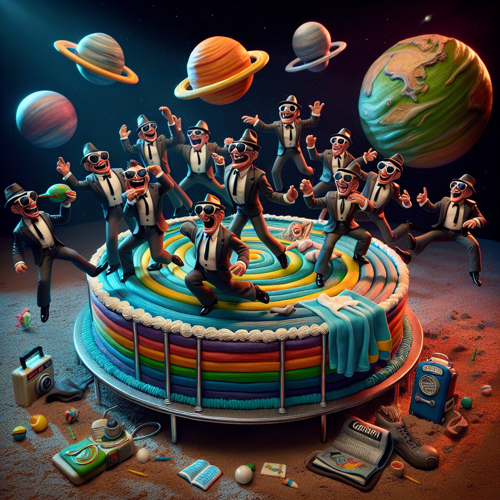 Imagine a high-energy, cartoonish birthday party set in the heart of an outer space setting, echoing the nonsensical, humorous tones of well-known science fiction literature. In the middle of the scene, a cake has been reimagined as a colorful planet, with a tiny, edible model of a guidebook and a towel adorning its apex. Also included are lively characters styled with dark suits, shades, and fedoras, each adorned with a space helmet for added comedic effect. They're jumping hilariously on a trampoline, which realistically distorts under their weight, encapsulating the wild joy of the occasion. With every bounce, they release musical notes into the space around them, seeping the entire scene with the passionate rhythms of a certain classic genre of American music.
Generated with these themes: Space, The Hitchhiker's Guide to the Galaxy, Trampolining, and The Blues Brothers.
Made with ❤️ by AI.