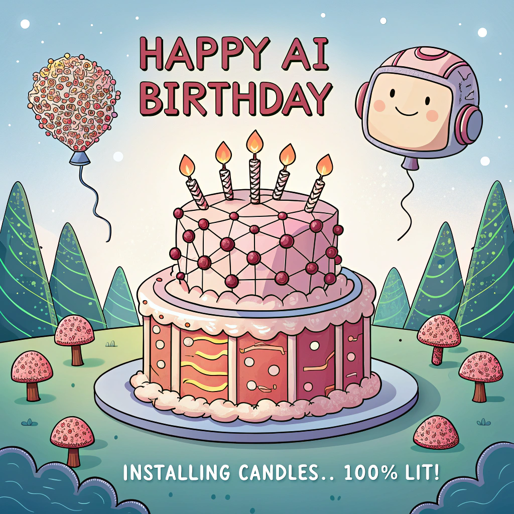At the top of the Cartoon Style image, "Happy AI Birthday"

At the bottom of the image, "Installing candles... 100% lit!"

- Center a towering, cartoonish birthday cake shaped like a neural network: glowing gumdrop “nodes” connected by icing “wires,” perched on a shiny circuit-board cake stand. LED candles flicker with pixel-style flames, sparkling starbursts around them.
- A big, friendly robot with an oversized head, huge expressive eyes, and springy limbs leans in with a goofy grin, wearing a tilted party hat. One hand pipes frosting circuits; the other gives a thumbs-up.
- A tiny hovering drone in a bow tie delivers sprinkles from above, while a cute rolling floor-bot zooms by with a slice of cake on its head.
- Balloons shaped like 1s and 0s bob around, plus confetti and streamers bursting in binary patterns.
- Style: thick black outlines, bright saturated colors (electric blue, neon pink, lime green, sunshine yellow, tangerine), bouncy proportions, energetic poses, dynamic motion lines, glossy highlights.
- Background: playful radial burst with faint translucent circuitry patterns and floating geometric shapes.
- Typography: the top headline in chunky, bouncy bubble letters with a bold outline and subtle drop shadow; the bottom punchline in a cheeky ribbon banner, single short line, high contrast for instant readability.
- Composition: keep generous clear space around both text lines; concentrate characters and cake in the middle for maximum punch and humor.
Generated with these themes: AI, and .
Made with ❤️ by AI.
