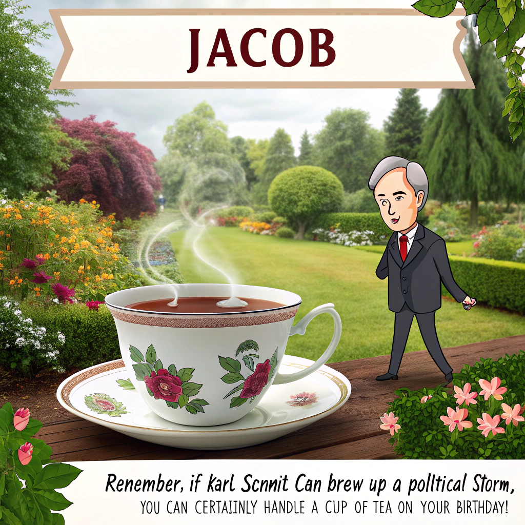 At the top of the image, "Jacob":

    At the bottom of the image, "Remember, if Karl Schmit can brew up a political storm, you can certainly handle a cup of tea on your birthday!" 

- Center the image with a photorealistic scene of a teacup with steam forming whimsical political debate characters, set against a quintessential English garden backdrop.
Generated with these themes: Karl Schmit, Politics, Birthday, Cup of tea , and .
Made with ❤️ by AI.