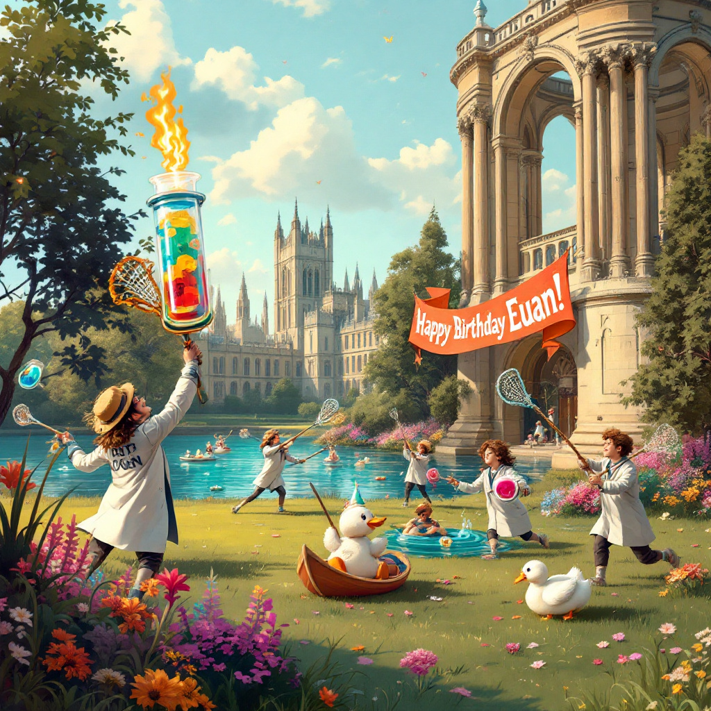 In the whimsical landscape of Oxford University, an enchanting birthday celebration unfolds at the edge of a serene lake. In the foreground, a group of mischievous lacrosse players are engaged in a game with an amusing twist: their lacrosse sticks have been cleverly transformed into giant chemistry lab equipment, like beakers and test tubes, with colorful, bubbling liquids inside. One player, wearing a lab coat with the Oxford crest on the back, triumphantly swings a stick with a test tube-shaped basket, aiming for a goal post shaped like a Bunsen burner, flames gently flickering at its top. In the background, the iconic spires of Oxford rise, their Gothic architecture casting playful shadows over the water. Alongside the lake, a large, elaborate banner stretches across the scene, cheerfully proclaiming "Happy Birthday Euan!" in vibrant, swirling letters that seem to dance in the breeze. On the surface of the lake, tiny chemistry-themed boats float, each with a miniature Oxford scholar inside, rowing with periodic table oars. A curious duck, wearing a tiny mortarboard, peeks curiously at the scene from the water’s edge, adding a Beatrix Potter touch to the vignette. Overhead, the sky is filled with fluffy clouds that have whimsically arranged themselves into the shapes of molecular structures, with the letters of "Euan" subtly interwoven among them, ensuring the name is joyously celebrated both on land and in the sky.
Generated with these themes: Lacrosse , Chemistry , Oxford University, and Lakes.
Made with ❤️ by AI.