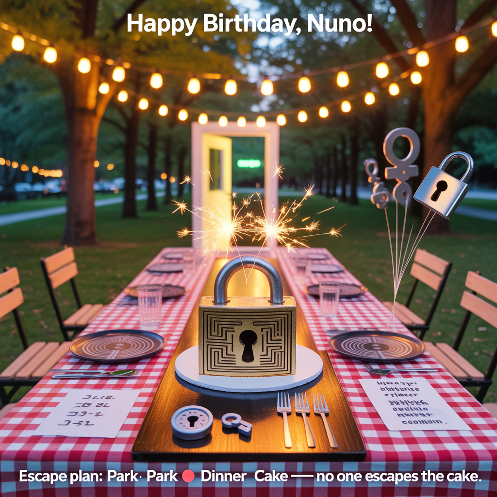 At the top of the Photorealistic picture taken from a camera image, "Happy Birthday, Nuno!"

At the bottom of the Photorealistic picture taken from a camera image, "Escape plan: park → dinner → cake—no one escapes the cake."

Ultra-high-definition 4K UHD, true-to-life photograph captured at golden hour in a leafy city park: an inviting picnic dinner table is set beneath string lights, the checkered cloth replaced with a maze-print runner. Centerpiece: a hyper-real padlock-shaped birthday cake with a silver fondant shackle and sparklers fizzing like a countdown. A freestanding escape-room door frame stands ajar in the midground with a glowing green EXIT sign, and clue cards and a timer sit beside cutlery arranged like lock picks. Plates subtly resemble combination dials; menus are printed as cipher puzzles. Key- and lock-shaped balloons bob at the table’s end, and a breadcrumb trail of puzzle notes leads from the park path to the feast. Shot on a full-frame camera, 50mm prime, f/2.8 for rich depth of field: sharp focus on the padlock-cake and table textures (wood grain, frosting, stainless cutlery), with a creamy bokeh of trees and fairy lights behind. Natural, accurate lighting with soft shadows and lifelike skin-toned hands reaching in from the edges holding clue cards, adding humor and energy without overtly showing faces. Clean, bold, high-contrast typography for the headline at the top and the punchline at the bottom, centered, legible over the scene with a subtle drop shadow.
Generated with these themes: Escape room, Parks, Dinner, and .
Made with ❤️ by AI.