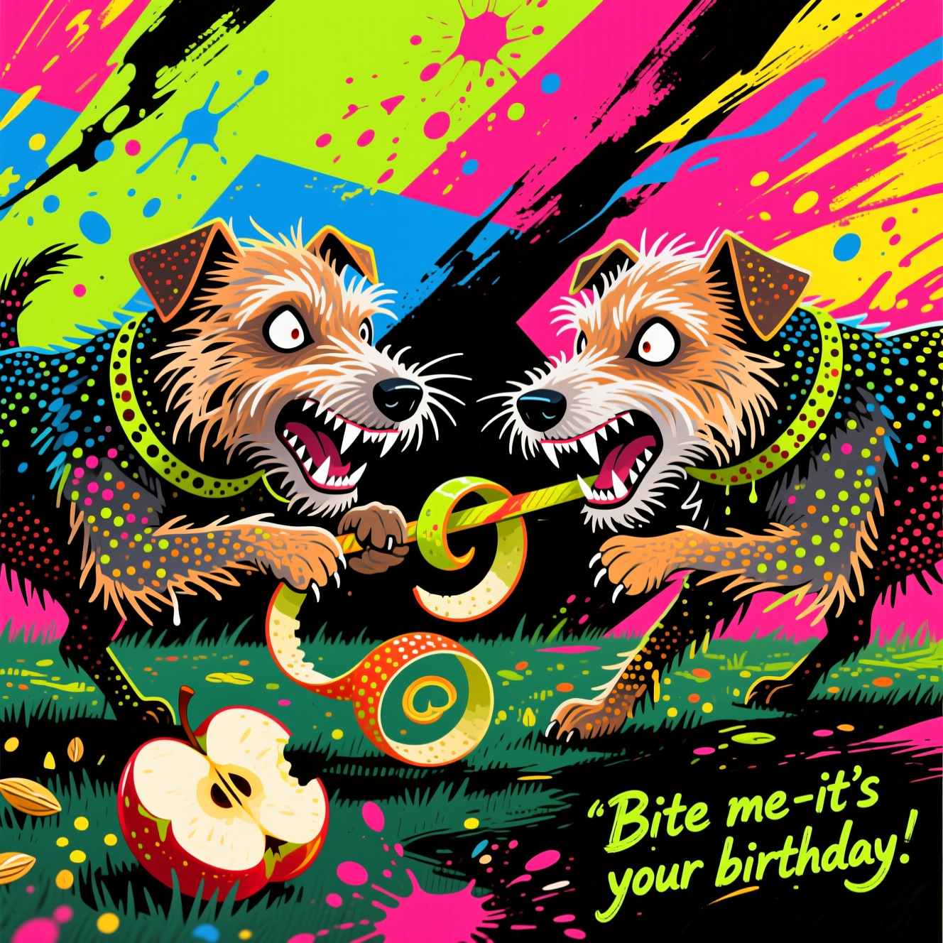 Abstract, image-first scene: two horrible-looking terriers, stylized as jagged geometric shards and warped ovals, locked in a feral tug of war over a ribbon of spiraled apple peel threaded through half-bitten apples. Their wiry coats and drool arcs are built from dense pointillist dots and seed-like speckles; eyes bulge as angular shards, teeth as white triangles. Apples burst into constellations of dots that scatter across the field. Background is a bold, high-contrast collision of toxic lime, cobalt, hot magenta, lemon yellow, and inky black: chunky geometric slabs intersect with sweeping fluid curves, slashed by dynamic brush-stroke textures, paint splatters, and impasto ridges. Full-bleed, no border, loud and confrontational, with energetic motion lines and shadow shapes anchoring the diagonals.

Small text (painted brush lettering, bottom-right on a neon splash, kept subtle): “Bite me—it’s your birthday.”
Generated with these themes: Horrible looking terriers, Pointillism, Apples, Tug of war, and .
Made with ❤️ by AI.