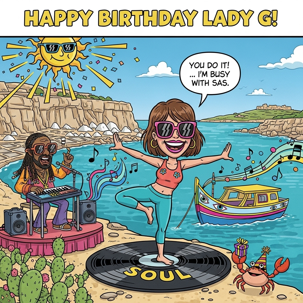At the top of the Cartoon Style image, Happy Birthday Lady G!

Playful, funny Cartoon Style scene with exaggerated proportions, thick black outlines, and bright saturated colors. Set on the island of Gozo: turquoise Mediterranean water, honey-colored limestone cliffs and salt pans, a colorful Maltese luzzu boat with painted eyes bobbing in the bay, and a distant silhouette of Ta’ Pinu on a hill. In the foreground, a joyful woman with shoulder-length medium brown hair, wearing oversized sunglasses and a huge broad smile, strikes a dynamic yoga pose on a giant vinyl record “yoga mat” labeled SOUL. She’s in vibrant yoga gear (teal and coral), limbs slightly oversized and bouncy. Overhead, a beaming cartoon sun with shades throws out golden rays and confetti-like sparkles.

To one side, a funky 1970s-era Stevie Wonder cartoon character performs on a tiny seaside stage with a clavinet/keyboard: beaded braids, big shades, colorful 70s outfit; swirling musical notes and groovy lines ripple toward the sea. Around them, cheeky details add humor: dancing prickly-pear cacti as “speakers,” a crab in a party hat holding a tiny gift, and streamers fluttering in the sea breeze.

Include a speech bubble from the woman that reads: You Do It!... I'm Busy with SAS

Design notes: bold, bubbly top text in sunshine-yellow with a contrasting outline; keep all text crisp and legible. Full-bleed, energetic composition; saturated palette (turquoise, lemon-yellow, coral, magenta, teal); chunky outlines; whimsical, upbeat mood.
Generated with these themes: Island of Gozo, having shoulder length medium brown hair, wearing big sunglasses, having a big broad smile, Yoga , Soul music , The singer; Stevie Wonder (especially 70s era), Sunshine, Saying the phrase; "You Do It!... I'm Busy with SAS", and .
Made with ❤️ by AI.