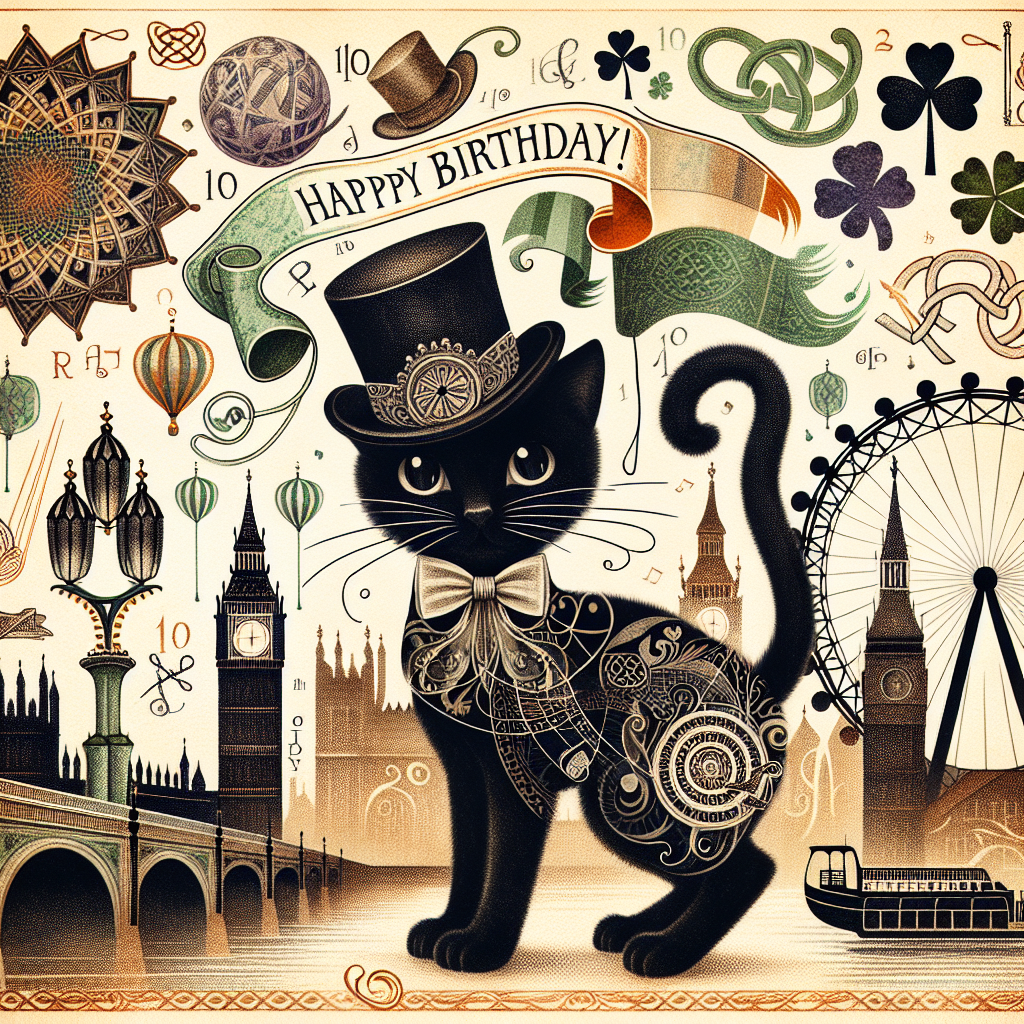 Black cat, Acting , London, and Ireland Birthday Card