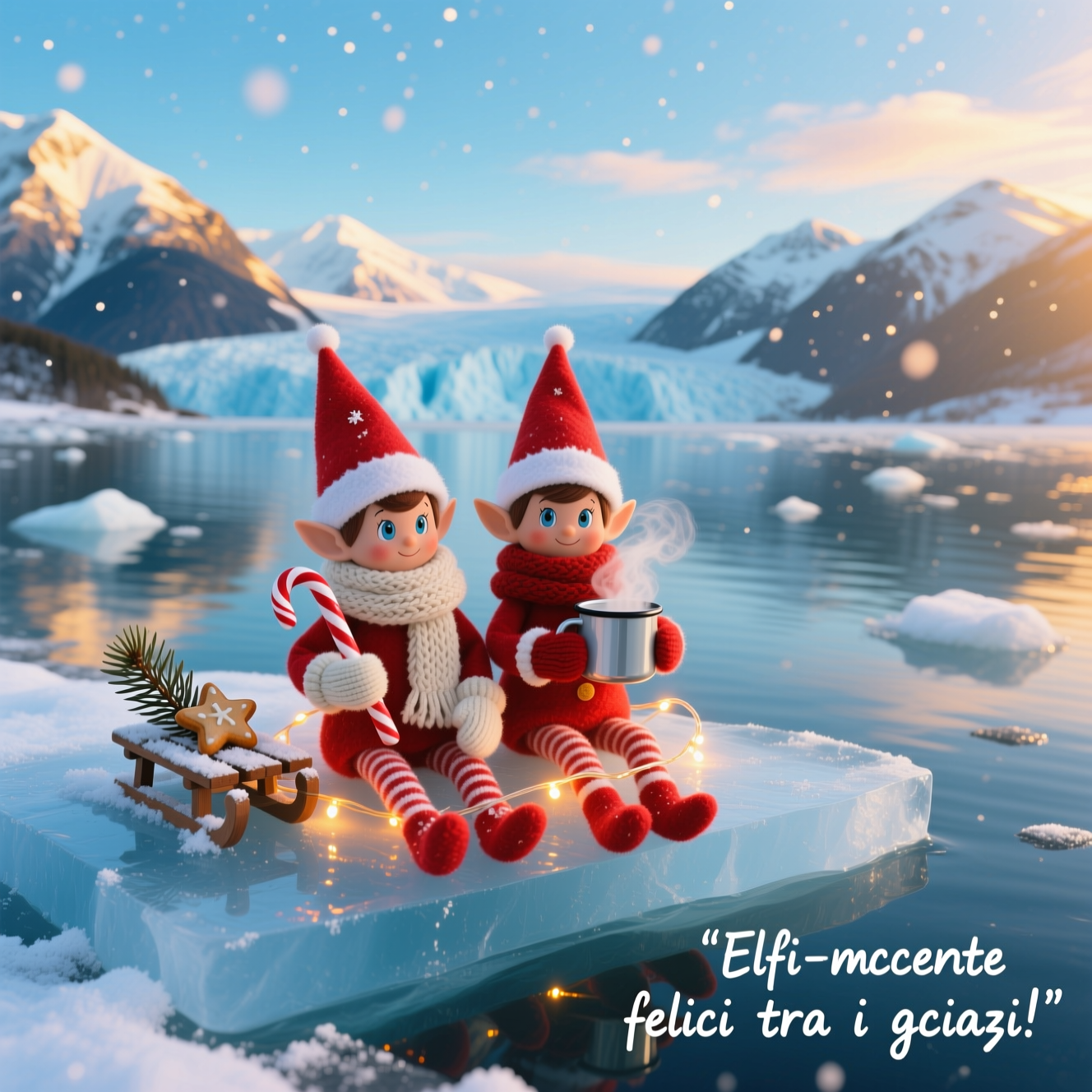 Due elfi di elf on the shelf sui ghiaccia in alaska, and Christmas Card