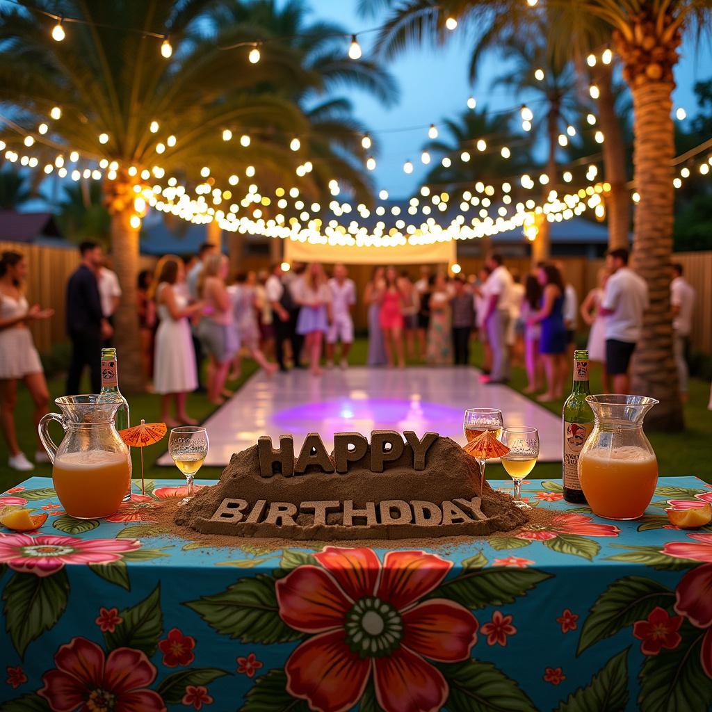 The scene is set in a spacious backyard adorned with strings of soft, warm, white lights draped between palm trees. A large banner with 'Happy Birthday' in bold, colorful letters hangs across the fence. In the center of the yard, there's a makeshift dance floor reflecting the twinkle lights above, busy with groups of people moving to a rhythm. Next to it, a table covered with a vibrant tropical tablecloth sports a miniature sand sculpture centerpiece spelling out the birthday person's name. On either side of the sculpture are pitchers of frothy pina coladas, their glasses garnished with pineapple wedges and tiny umbrellas. Scattered around the table are individual bottles of red, white, and rosé wine, each adorned with a printed label featuring a caricature of the birthday person. The wine glasses are crystal clear with a delicate swirl pattern etched around the base. In a corner, a DIY photo booth is equipped with an assortment of props, including coconut bras, grass skirts, and leis, encouraging guests to capture the joyous moments.
Generated with these themes: Pina coladas, Dancing, and Wine.
Made with ❤️ by AI.