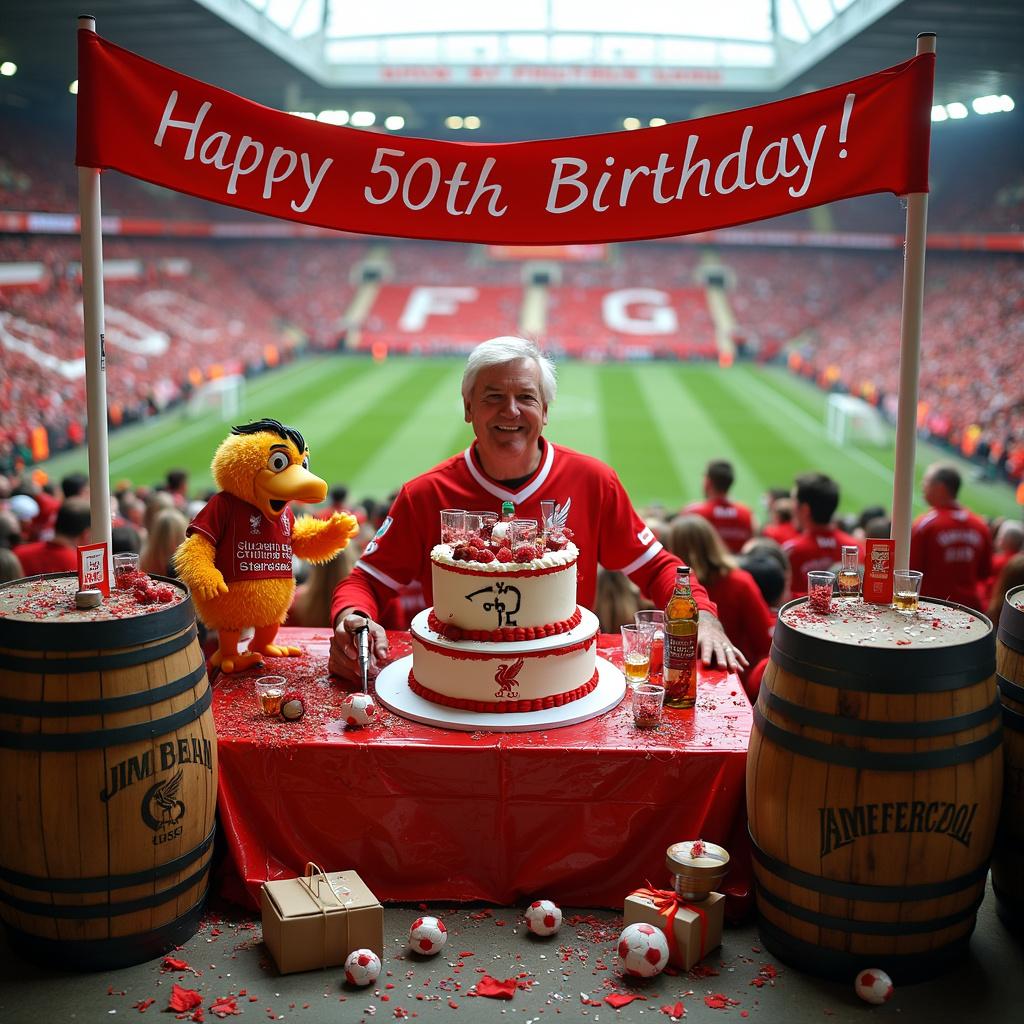 The scene is set in the vibrant Anfield Stadium, the legendary home of Liverpool Football Club, alive with the sounds of cheering fans decked out in red scarves and jerseys. Prominently featured is the iconic 'This is Anfield' sign at the entrance. To the left, a large, three-tiered birthday cake takes center stage, topped with the Liverpool FC logo and decorated in the team's red and white colors. Scattered around the cake are small edible soccer balls and figurines of players. Beside the cake stands a middle-aged man wearing a Liverpool jersey emblazoned with 'Birthday Boy' and the number '50'. He holds a Jim Beam whiskey bottle in one hand and a Liverpool scarf in the other, his face beaming with joy.

On the right, rows of large wooden Jim Beam whiskey barrels are stacked neatly, their logos prominently displayed. Some barrels feature spigots, and glasses of whiskey are being poured from them. Nearby, the Liver Bird mascot, clad in a Liverpool jersey, joyfully dances next to the barrels while holding a glass of whiskey, its large, smiling beak and whimsical features adding to the festive atmosphere.

At the center, a colorful birthday banner hangs between two goalposts, proclaiming 'Happy 50th Birthday!' in bold red letters, complete with the Liverpool FC logo on one side and the Jim Beam logo on the other. Surrounding the banner is a pile of birthday gifts wrapped in vibrant red and white paper featuring football and whiskey-themed patterns, each with humorous tags like 'For the Best Midfielder' and 'Cheers to You!'

This lively celebration harmoniously blends themes of Liverpool Football Club and Jim Beam whiskey, making for a memorable birthday party.  
Generated with these themes: Liverpool Football Club, Jim Beam whiskey.  
Made with ❤️ by AI.