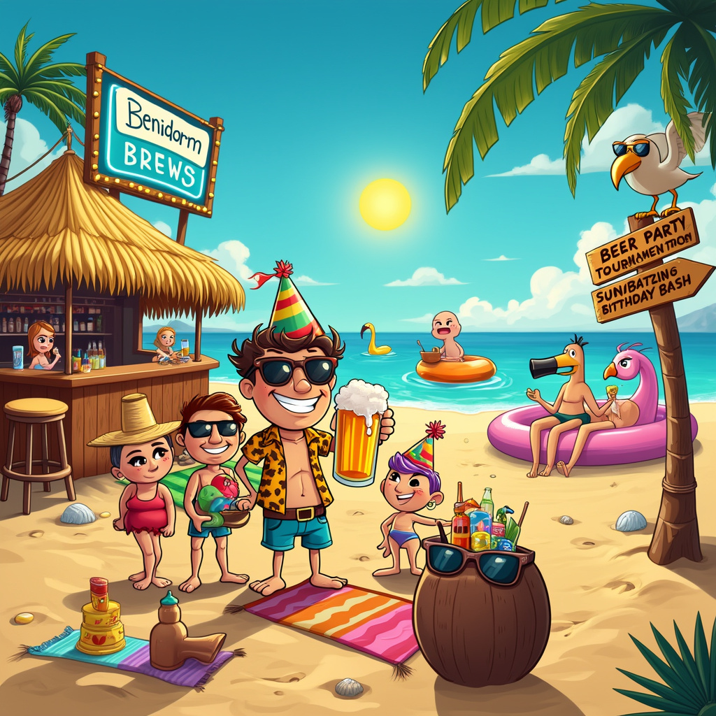 In a vibrant, sun-soaked cartoon setting, the scene unfolds on a bustling Benidorm beach. Imagine a bright blue sky with a blazing yellow sun overhead, casting playful shadows on the sand. The beach is teeming with life: there are sandcastles with little flags, seashells, and colorful beach towels spread out. A large tiki bar with a thatched roof stands to the left, complete with a neon sign reading “Benidorm Brews” and adorned with festive string lights.

In the foreground, a group of quirky cartoon characters are celebrating a birthday. Front and center is a jovial character wearing a birthday hat shaped like a beer mug, complete with foam on top. He's holding a frosty pint of beer in one hand and a beach ball in the other. Surrounding him are friends—one in oversized sunglasses and a Hawaiian shirt, another with a surfboard under her arm, and a third character balancing a stack of beach-themed birthday presents wrapped in tropical patterns.

Behind them, the crystal-clear sea stretches out, where a couple of characters are floating on inflatable pool toys shaped like various animals—a flamingo, a unicorn, and even a beer bottle. On the right side, there's a lively beach bar scene. Cartoon patrons, some with exaggeratedly large sunhats and sunglasses, are sitting on barstools made of coconut shells, sipping colorful cocktails with tiny umbrellas. A bartender, looking like a quirky cross between a pirate and a tiki statue, is pouring drinks from an oversized coconut keg.

On the sandy shore, a signpost is stuck in the sand with arrows pointing to different “locations”: “Beach Party,” “Beer Pong Tournament,” “Sunbathing Zone,” and “Birthday Bash.” In the background, beach umbrellas dot the landscape, and a sand sculpture contest is taking place, with one of the sculptures humorously shaped like a giant beer can.

Adding to the fun, a seagull with sunglasses swoops down, trying to snatch a French fry from a plate held by an oblivious sunbather, while another seagull perches on top of a tiki torch, holding a miniature surfboard under its wing.

Every detail in the scene combines to tell the whimsical story of a beachside birthday celebration in Benidorm, filled with sun, beer, and non-stop fun.
Generated with these themes: Benidorm, Beer, Sun, Beach, and Bars.
Made with ❤️ by AI.