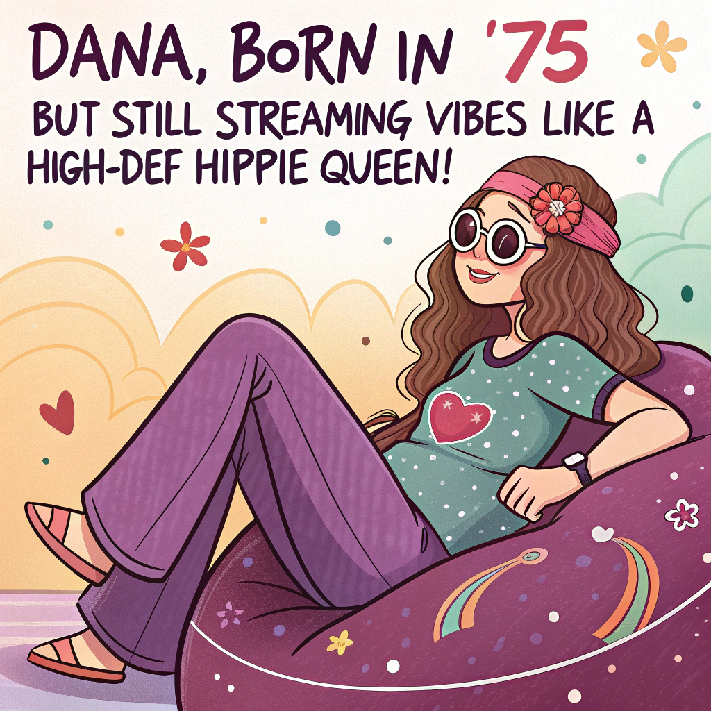 At the top of the image, "Dana, born in '75 but still streaming vibes like a high-def hippie queen!"

- Illustrate a colorful, cartoon-style birthday scene with a funky, chill vibe:
  - Dana is depicted as a radiant, fair-skinned cartoon character with long wavy brown hair, wearing round rose-tinted glasses, flared purple pants, and a groovy 70s print shirt.  
  - She lounges comfortably in a giant bean bag shaped like a cosmic zodiac wheel with “Gemini” subtly highlighted in the stars.
  - A lit joint is cheekily balanced between her fingers as she toasts with a comically large cocktail glass labeled “#StillSippinSince75.”
  - A tiny, sassy black cat with attitude (and maybe a bandana) sits by a retro gaming PC with headphones on, watching a screen that says “Birthday Stream LIVE!”
  - Disco balls and purple lava lamps light up the scene while cannabis leaves are cleverly disguised in a flower-power pattern throughout the background.
  - Confetti and mini streamers fall around the whole scene with one banner cheekily reading: "Old Enough to Know Better... Too Chill to Care."
Generated with these themes: Hippie vibe brown hair fair skin, 50, 1975, Gemini, Weed, Alcohol , Pc , Streaming , Purple, Chill, Funny , Rude, Young soul, and Small black cat.
Made with ❤️ by AI.