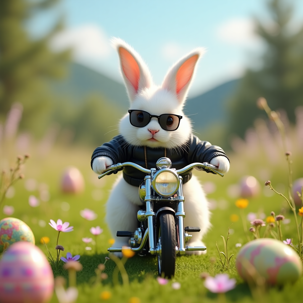 At the top of the realistic photograph image, **Happy Easter, I.B.M.C. – This bunny’s hoppin’ on horsepower! 🐰🏍️**

**Prompt for the image:**  
A hyper-realistic, ultra-cute photograph of a fluffy white bunny wearing a tiny black leather jacket, confidently riding a miniature chrome motorcycle through a lush, sunlit meadow. The meadow is speckled with vibrantly colored, pastel-patterned Easter eggs scattered in the grass, as wildflowers bloom all around. In the background, soft-focus trees and blue skies frame the scene. The bunny has oversized sunglasses, and a determined-yet-adorable expression, as its long ears flap in the breeze. A light dusting of petals trails behind the bike’s mini back wheel, emphasizing the joyful spring vibe.
Generated with these themes: Bunny riding , Mini Motorcycle , Meadow , Leather jacket, and Easter eggs.
Made with ❤️ by AI.