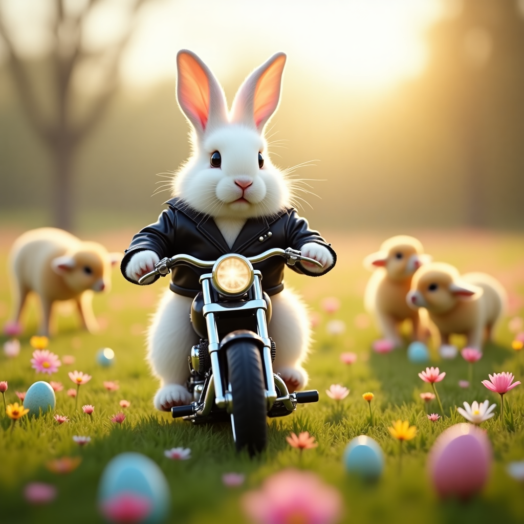 Bunny riding , Mini Motorcycle , Meadow , Leather jacket, and Easter eggs Easter Card